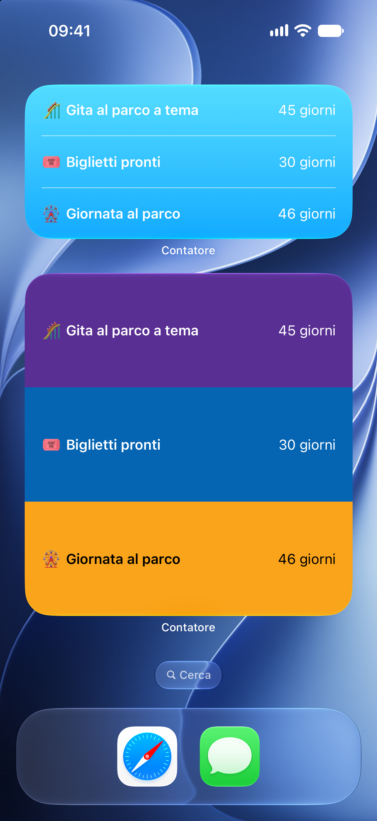 Widget di Contatore sulla schermata Home di iPhone con il conto alla rovescia per una gita al parco a tema.