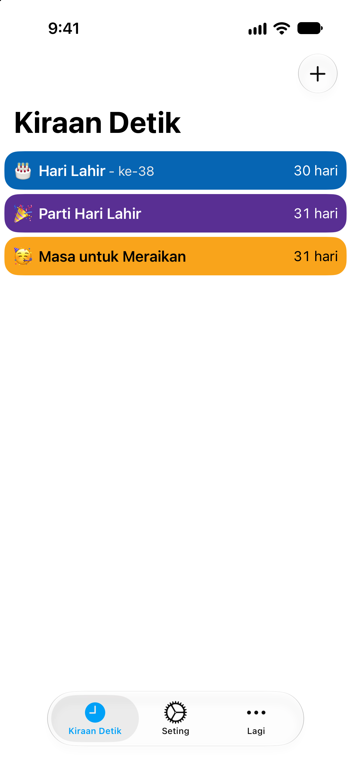Kiraan Detik — Kiraan detik hari lahir. Senarai kiraan detik terperinci dengan baki masa.