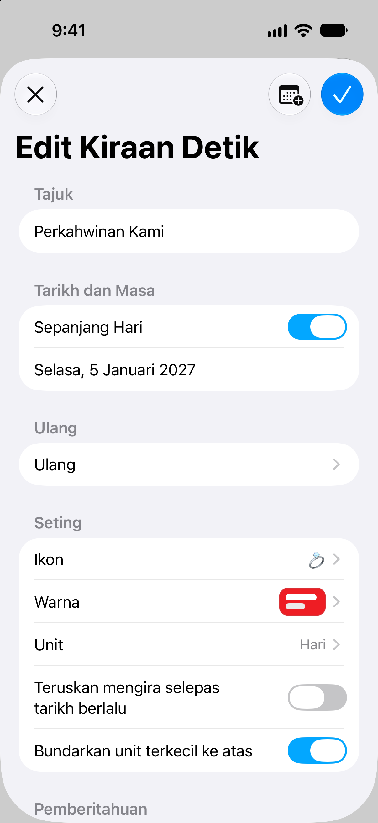 Kiraan Detik — Pengeditan nama, tarikh dan pilihan kiraan detik.