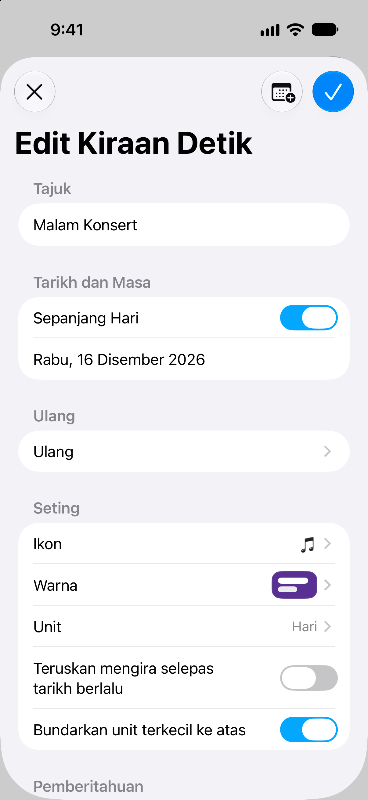 Kiraan Detik — Kiraan detik acara. Pengeditan nama, tarikh dan pilihan kiraan detik.
