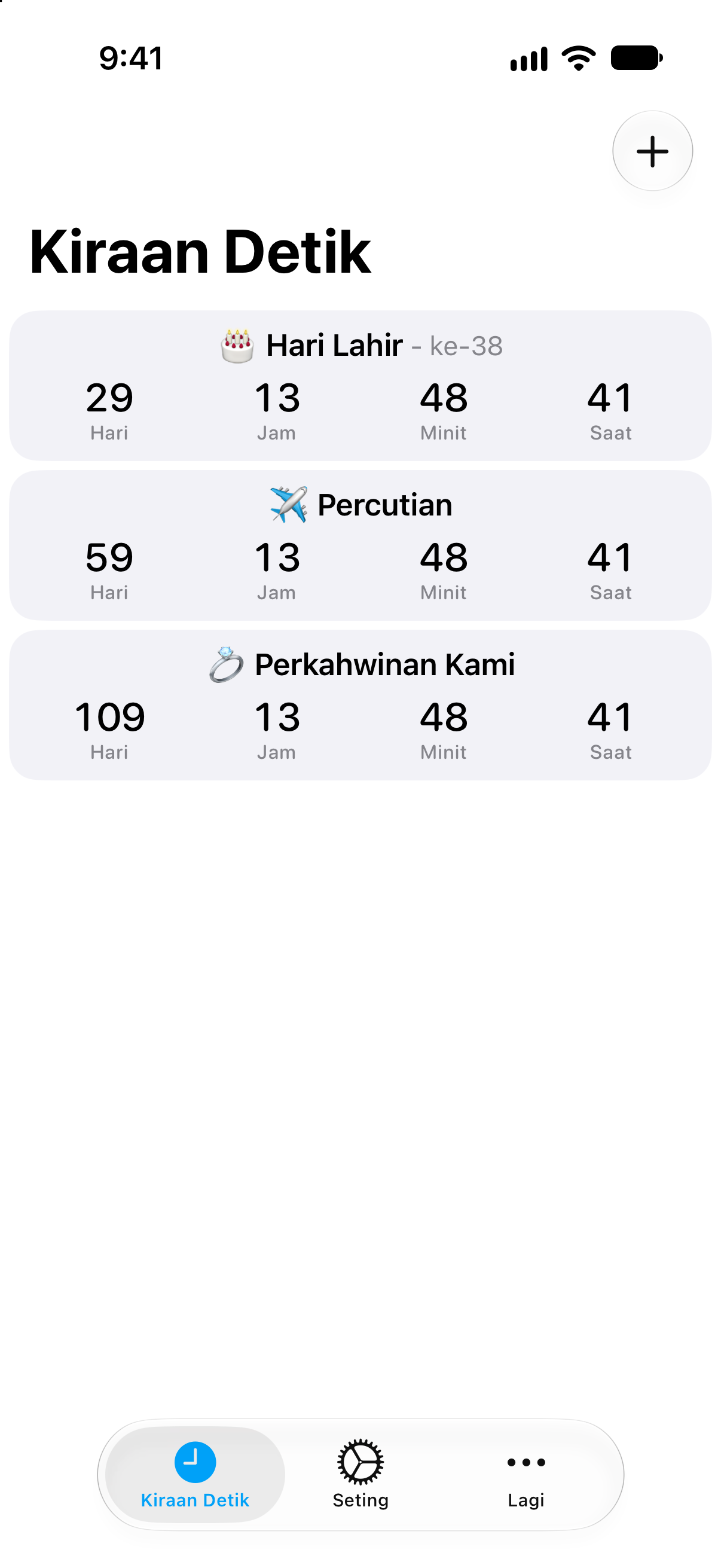 Kiraan Detik — Senarai kiraan detik terperinci dengan baki masa.