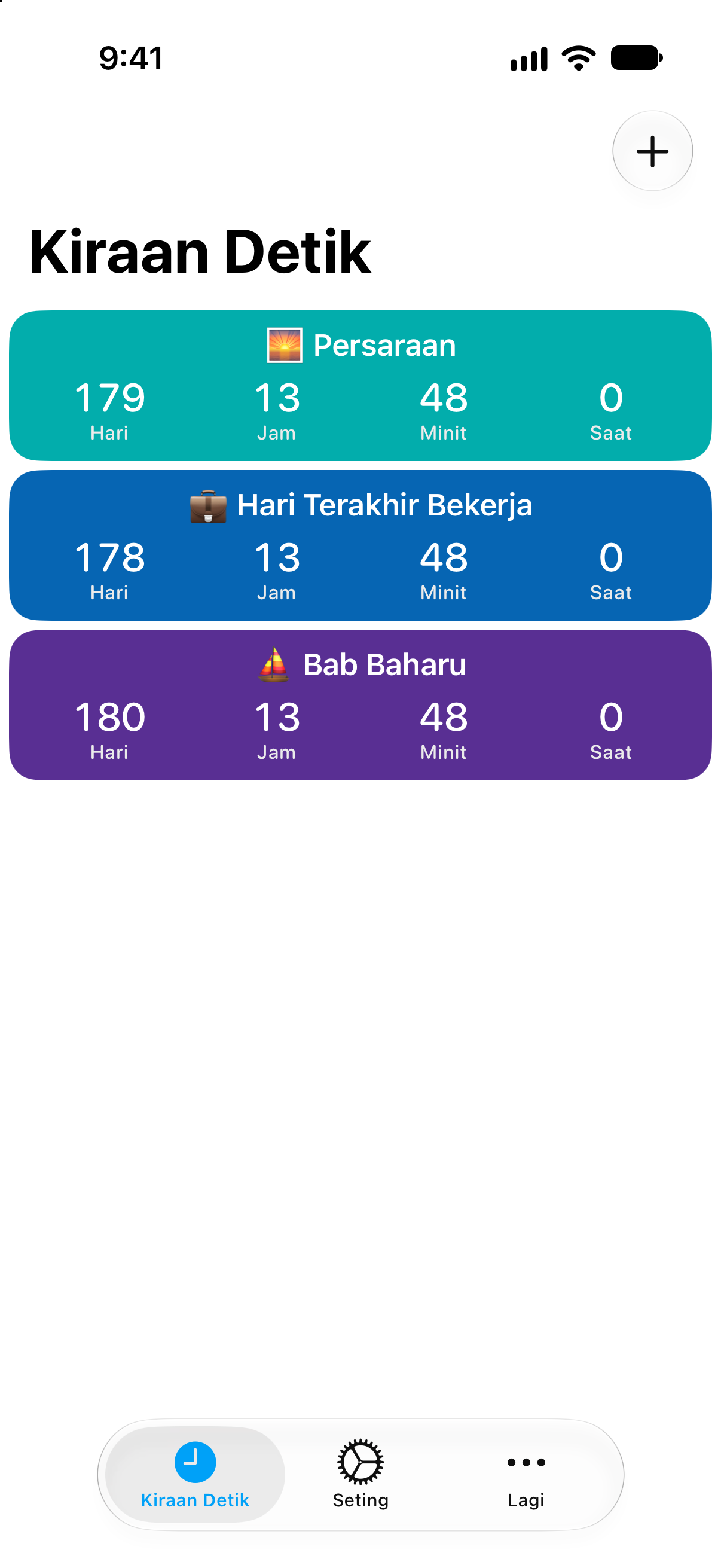 Kiraan Detik — Kiraan detik persaraan. Senarai kiraan detik terperinci dengan baki masa.