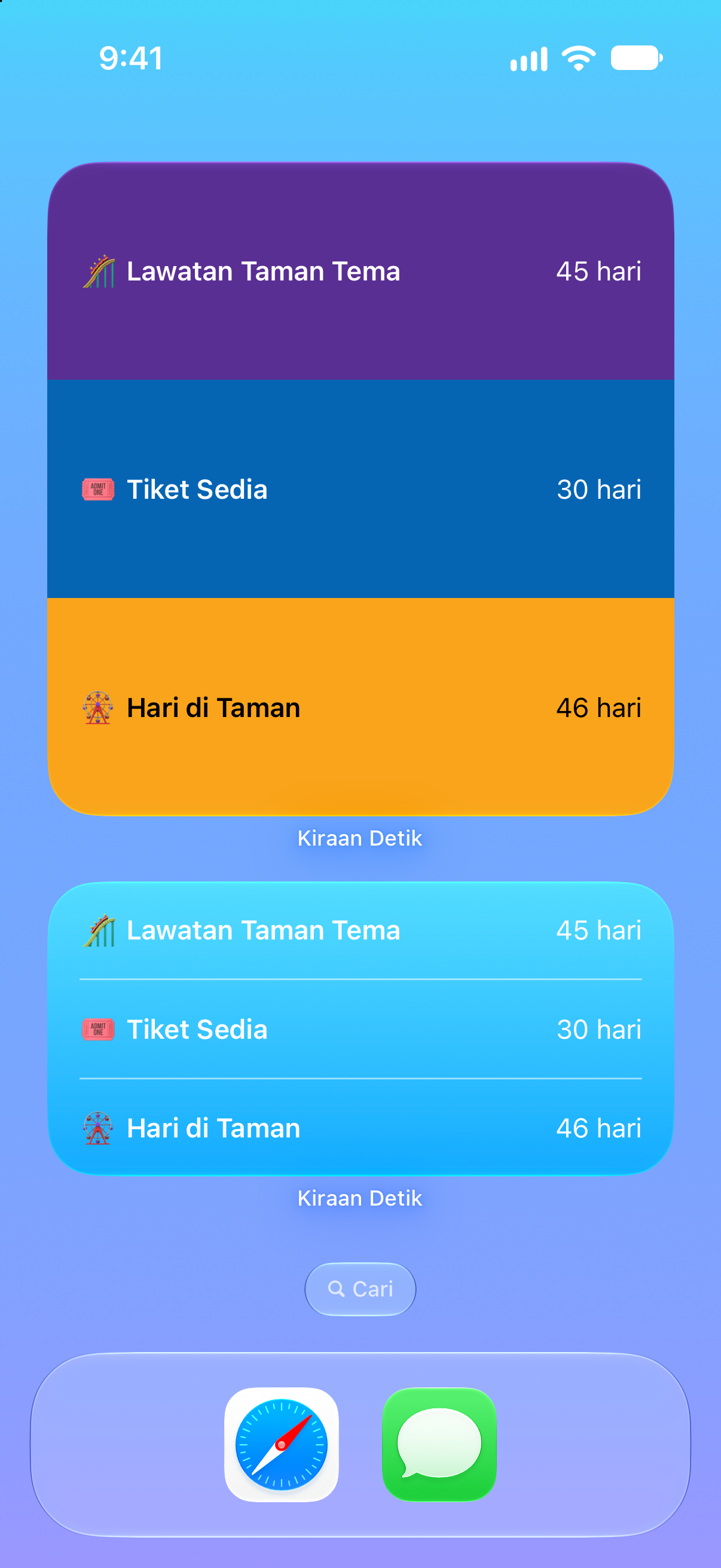 Kiraan Detik — Kiraan detik lawatan taman tema. Widget Skrin Utama dengan acara akan datang.