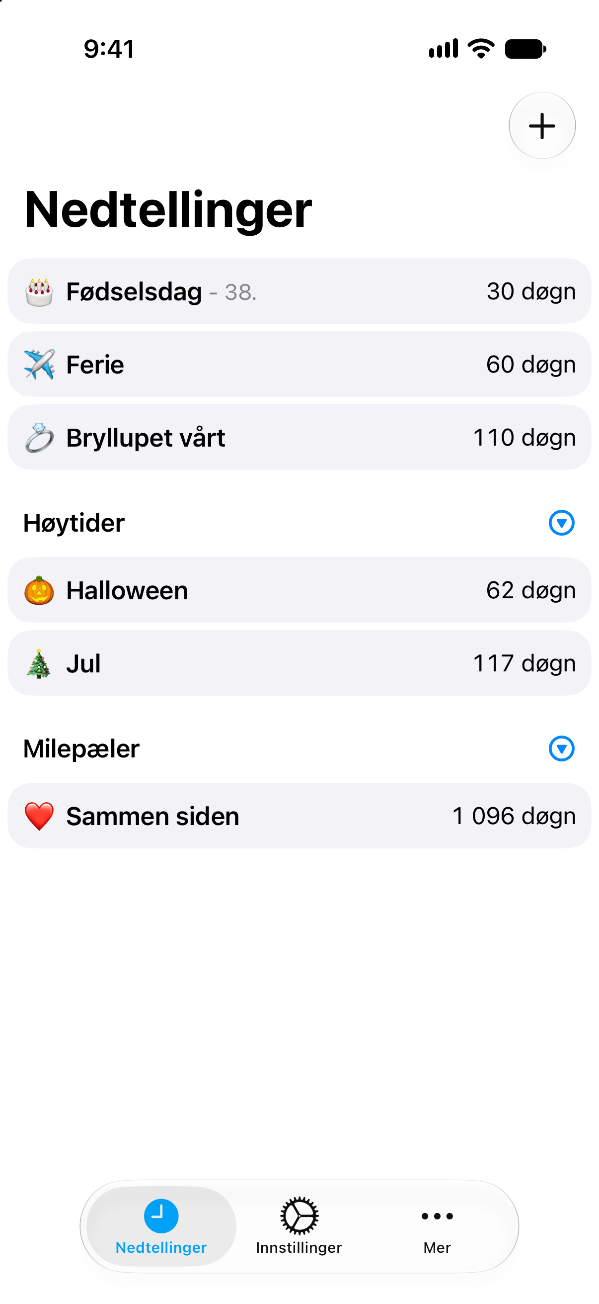 Kompakt nedtellingsliste i Nedtellinger med flere hendelser synlige på én gang.