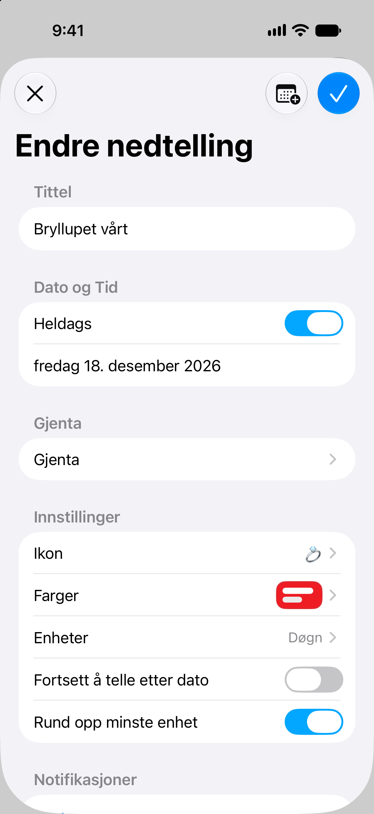 Redigering av en nedtelling i Nedtellinger med hendelsens navn, dato og tilpasningsvalg.
