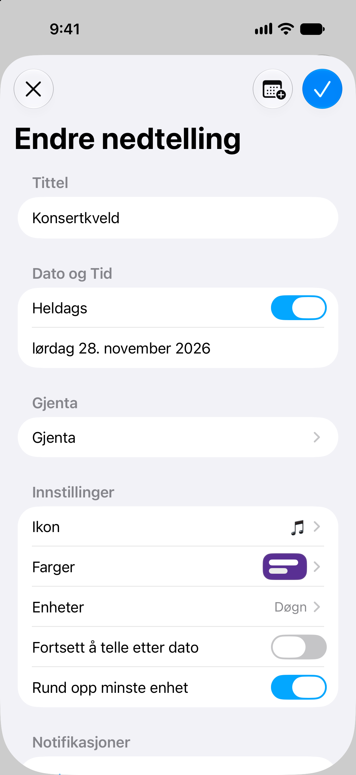 Redigering av en hendelse i Nedtellinger med dato og valg for å tilpasse nedtellingen.