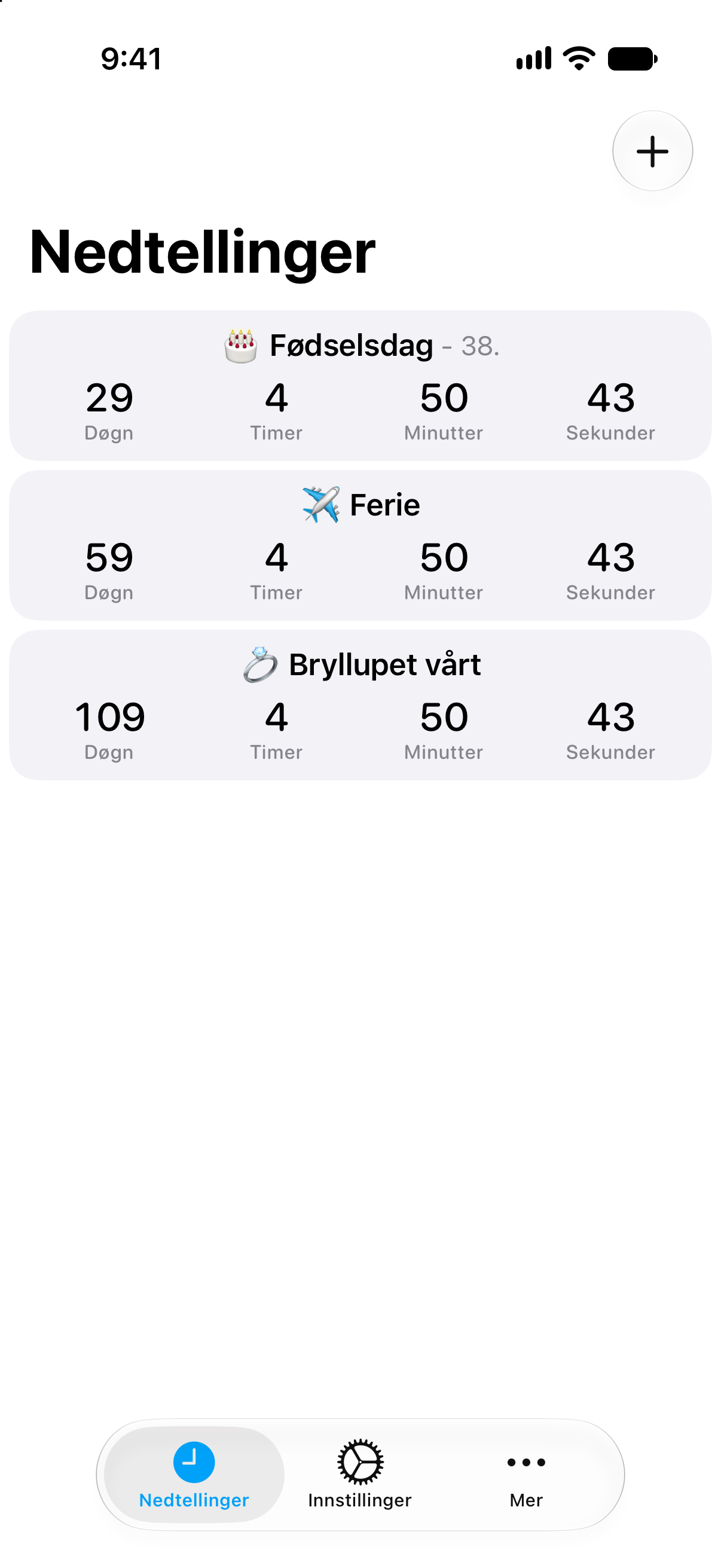 Detaljert nedtellingsliste i Nedtellinger med tiden frem til kommende hendelser.