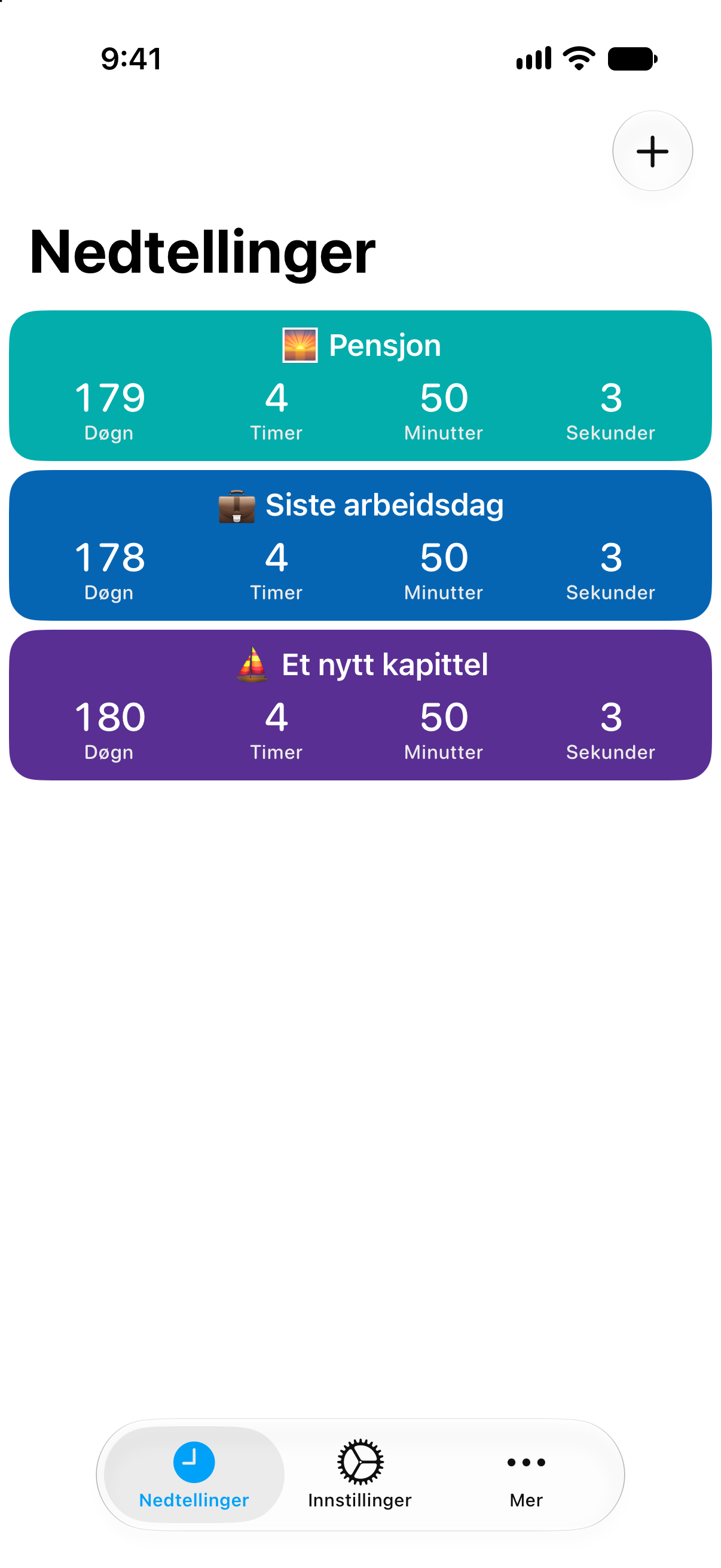 Detaljerte nedtellinger til pensjon og siste arbeidsdag i Nedtellinger.