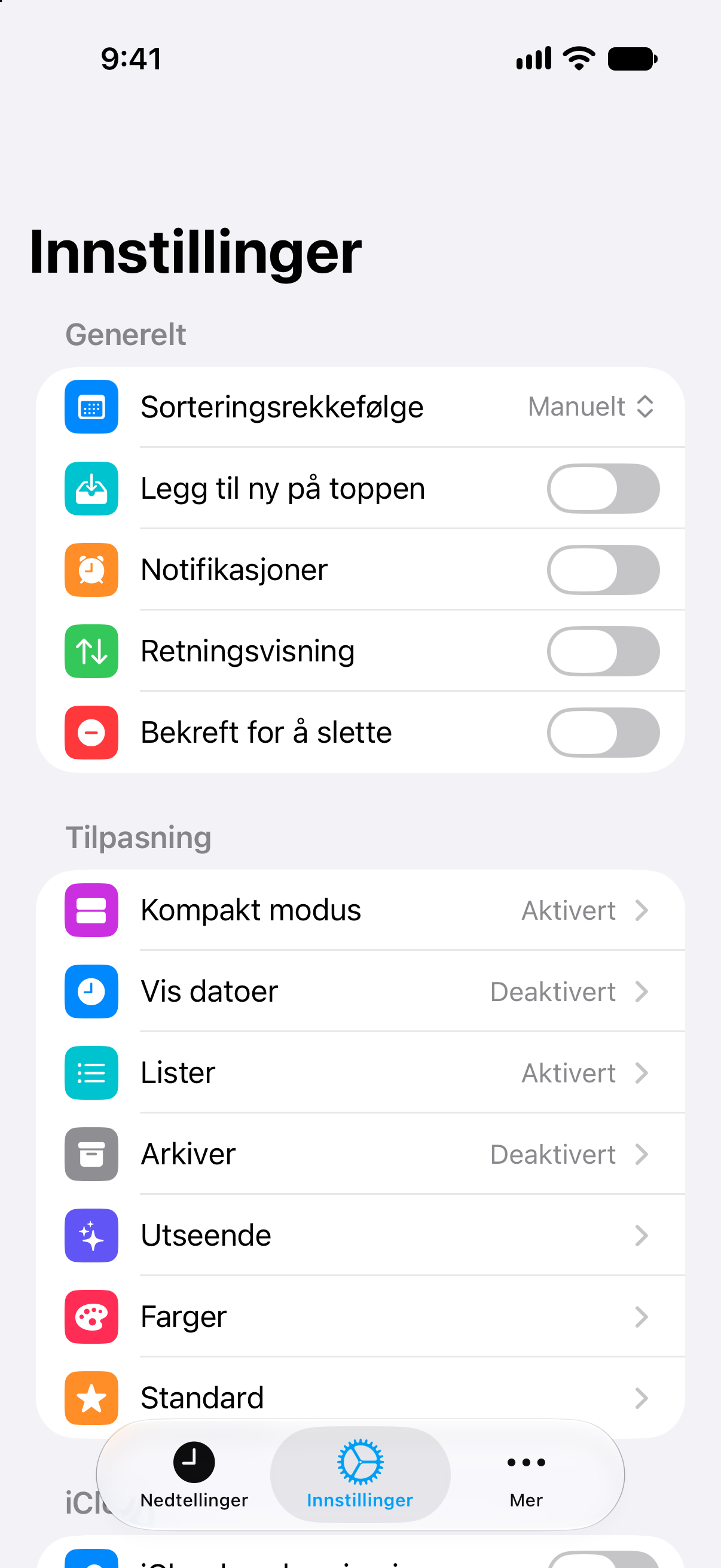 Innstillinger i Nedtellinger som viser livstidstilgang til Pro.