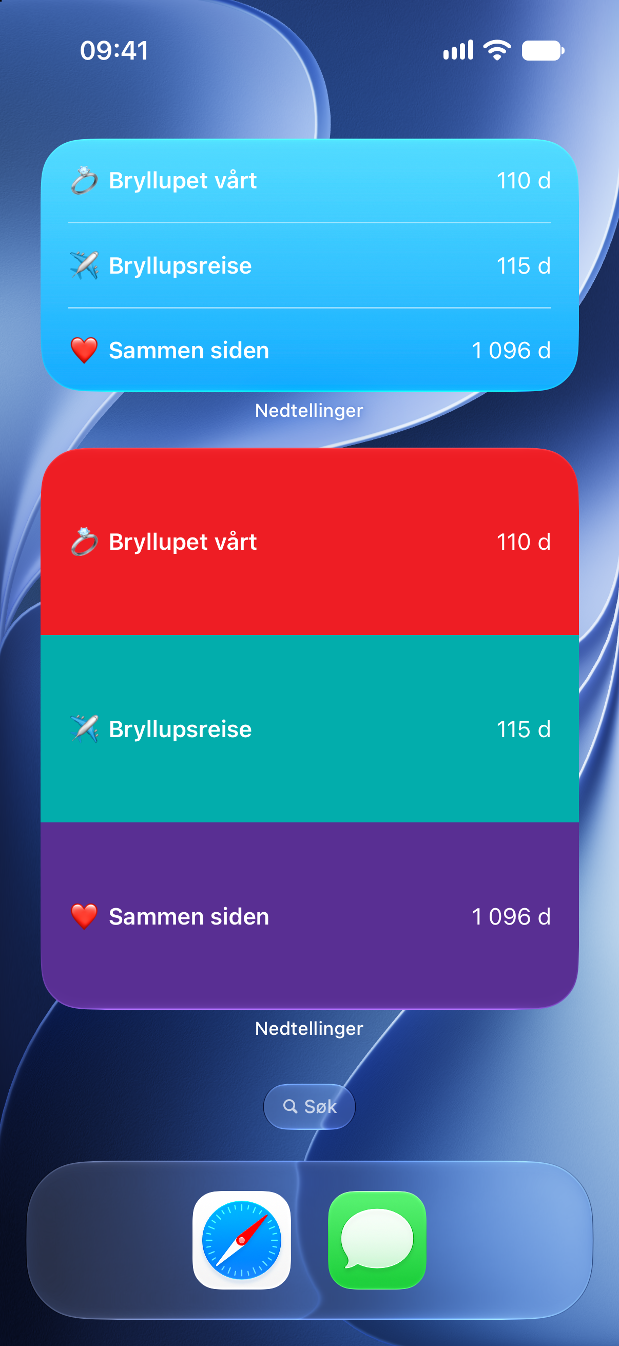 Nedtellinger-widgeter på Hjem-skjermen på iPhone med nedtellinger til bryllupet og bryllupsreisen.