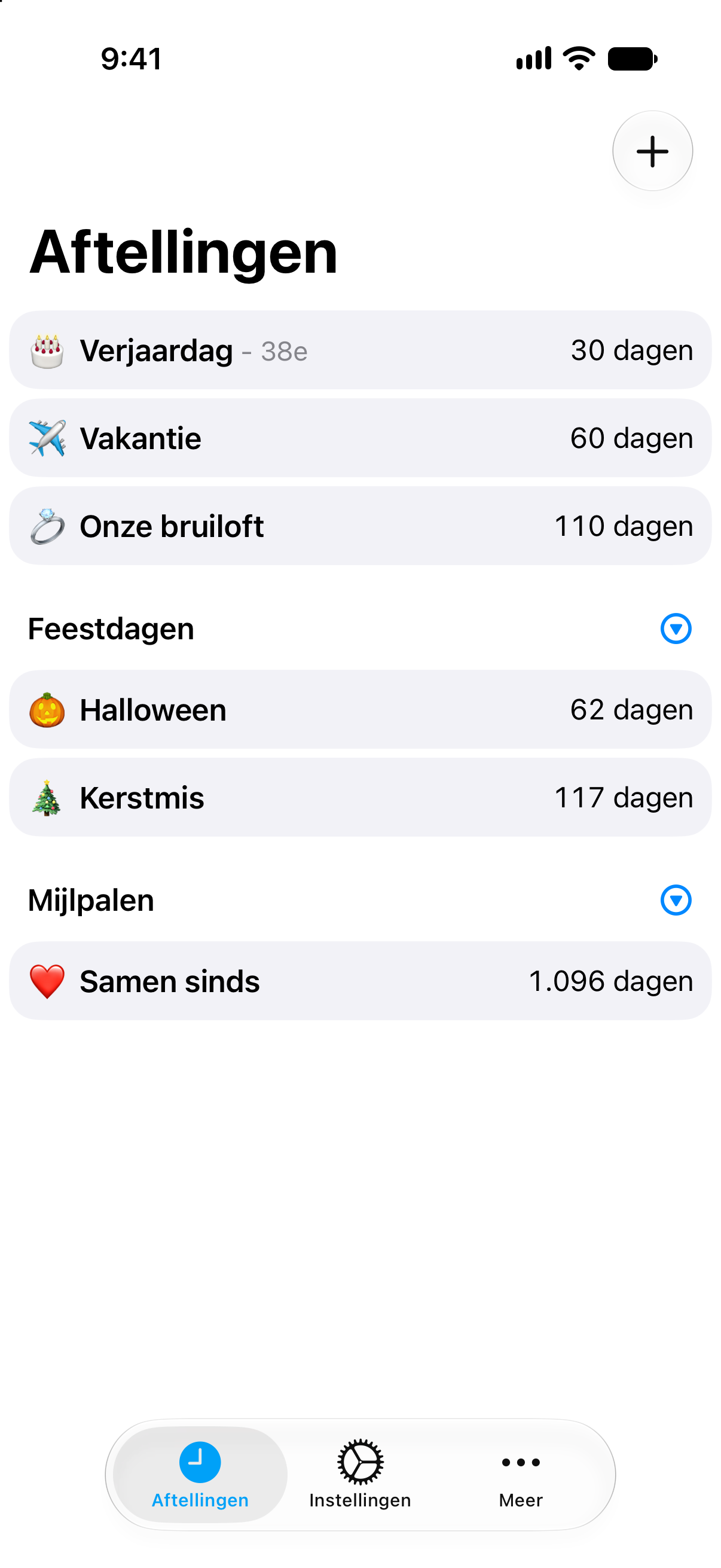 Compacte aftellijst in Aftellingen met meerdere evenementen in één oogopslag.