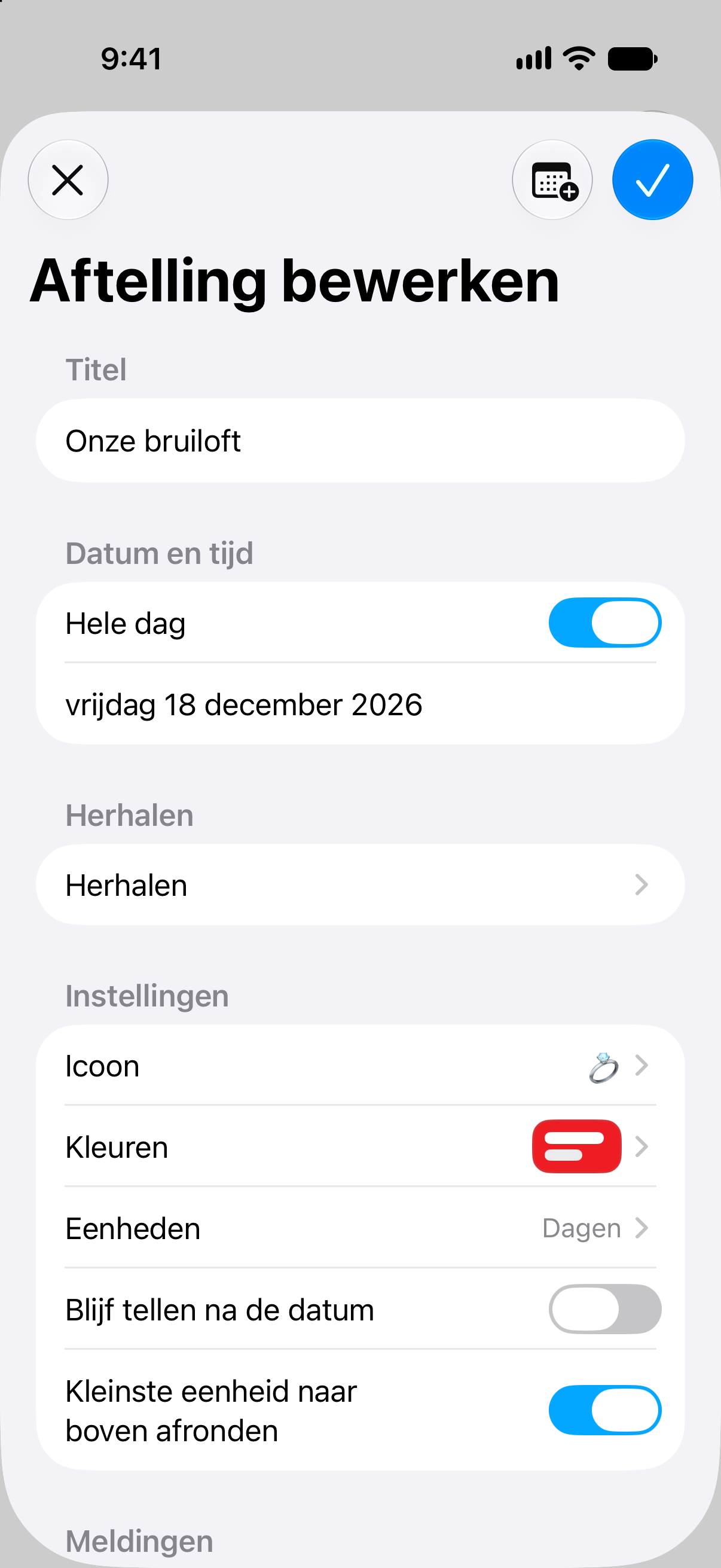 Bewerkingsscherm voor een afteller in Aftellingen met de naam, datum en aanpassingsopties van het evenement.