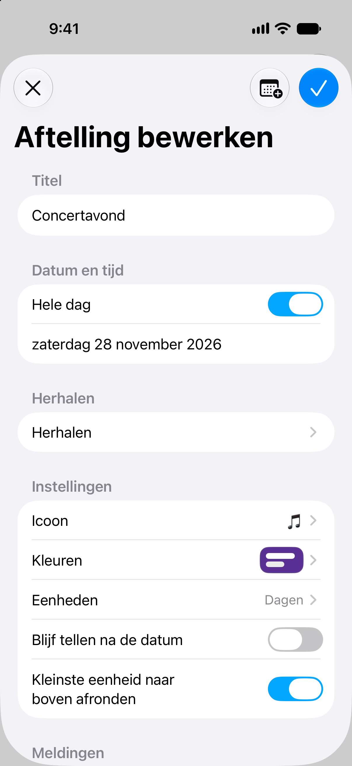Bewerkingsscherm voor een evenement in Aftellingen met de datum en aanpassingsopties voor de afteller.