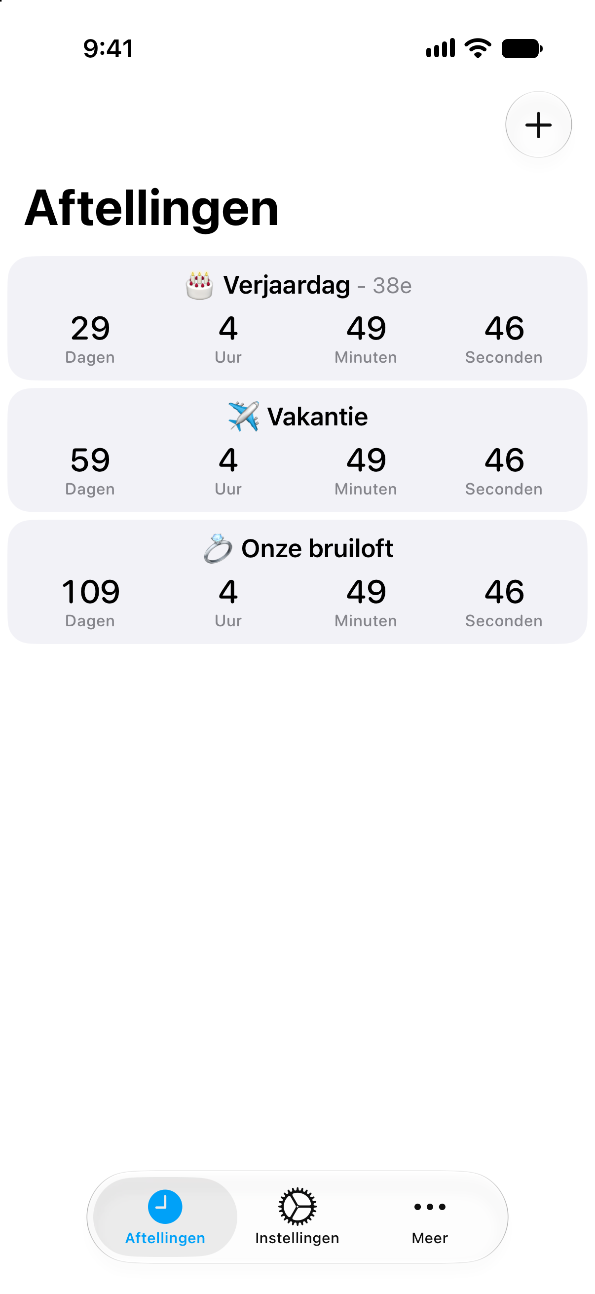 Gedetailleerde aftellijst in Aftellingen met de resterende tijd tot komende evenementen.