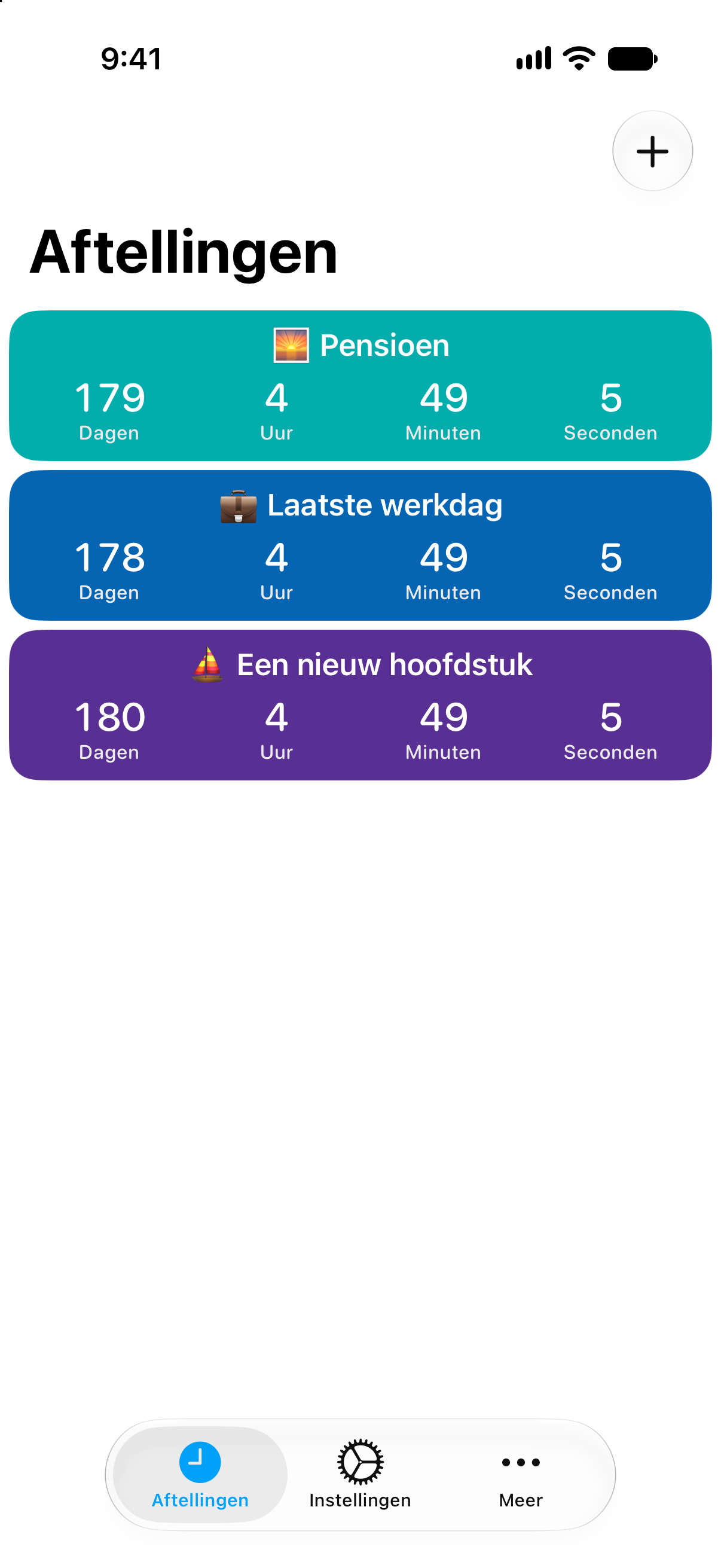 Gedetailleerde aftellers tot het pensioen en de laatste werkdag in Aftellingen.
