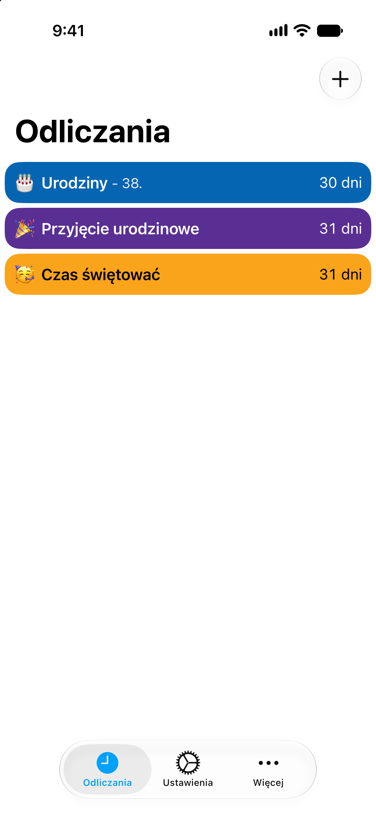 Kolorowe odliczania do urodzin i przyjęcia urodzinowego w aplikacji Odliczanie.