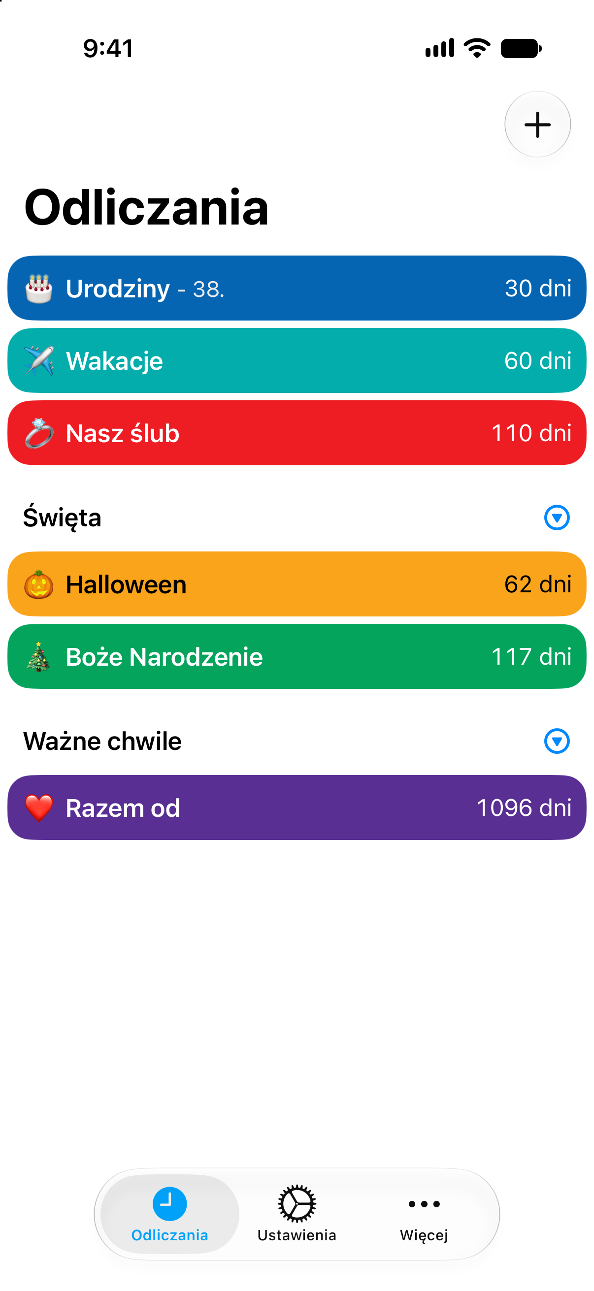 Kolorowa lista odliczania w aplikacji Odliczanie z osobnym kolorem dla każdego wydarzenia.