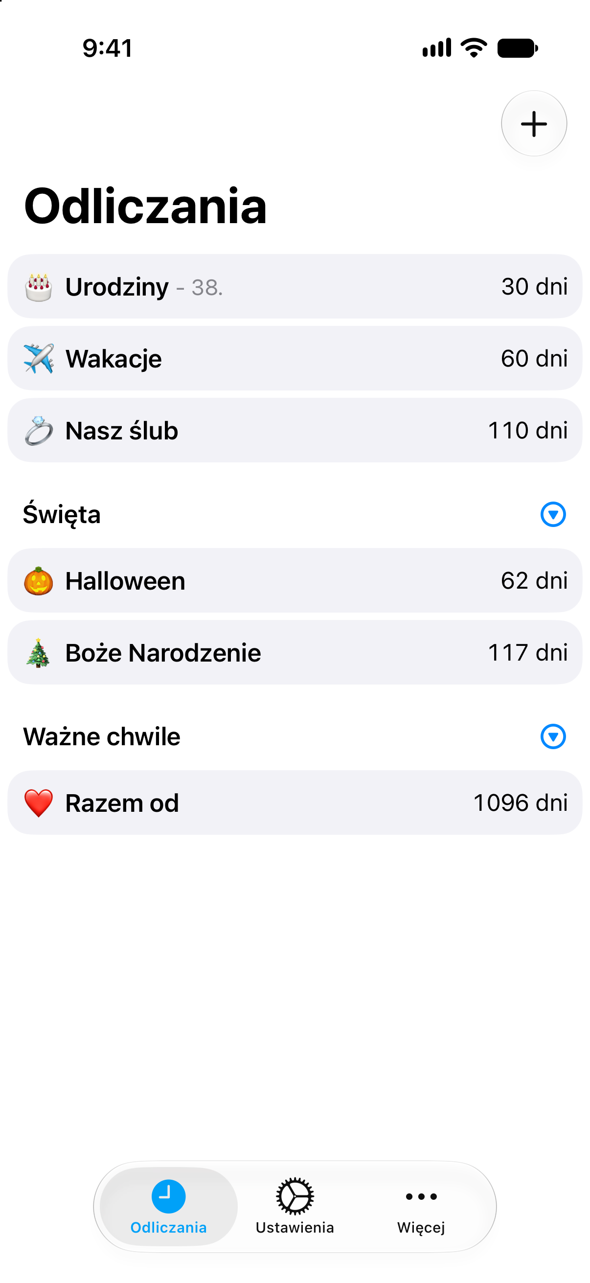 Kompaktowa lista odliczania w aplikacji Odliczanie z kilkoma wydarzeniami widocznymi na pierwszy rzut oka.