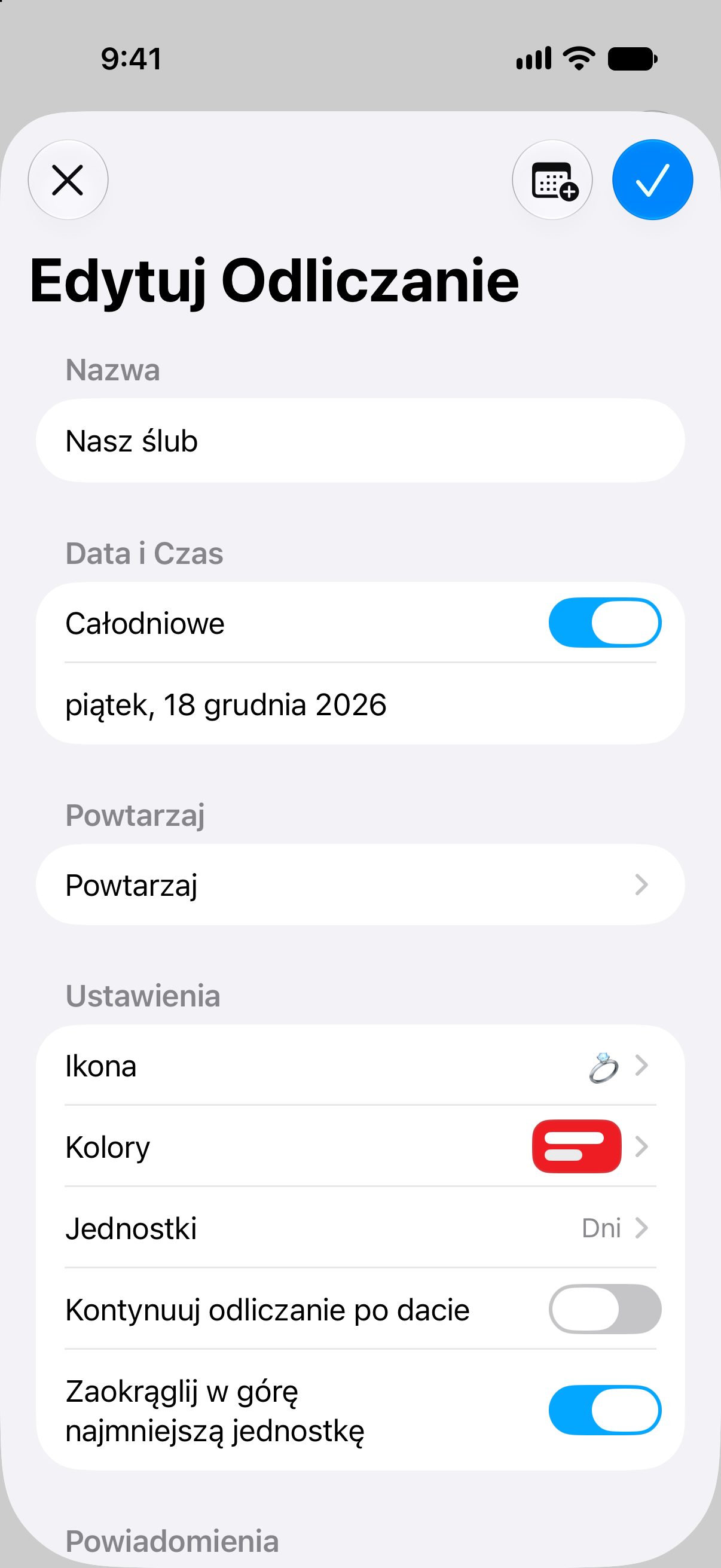 Edytor odliczania w aplikacji Odliczanie z nazwą wydarzenia, datą i opcjami dostosowania.