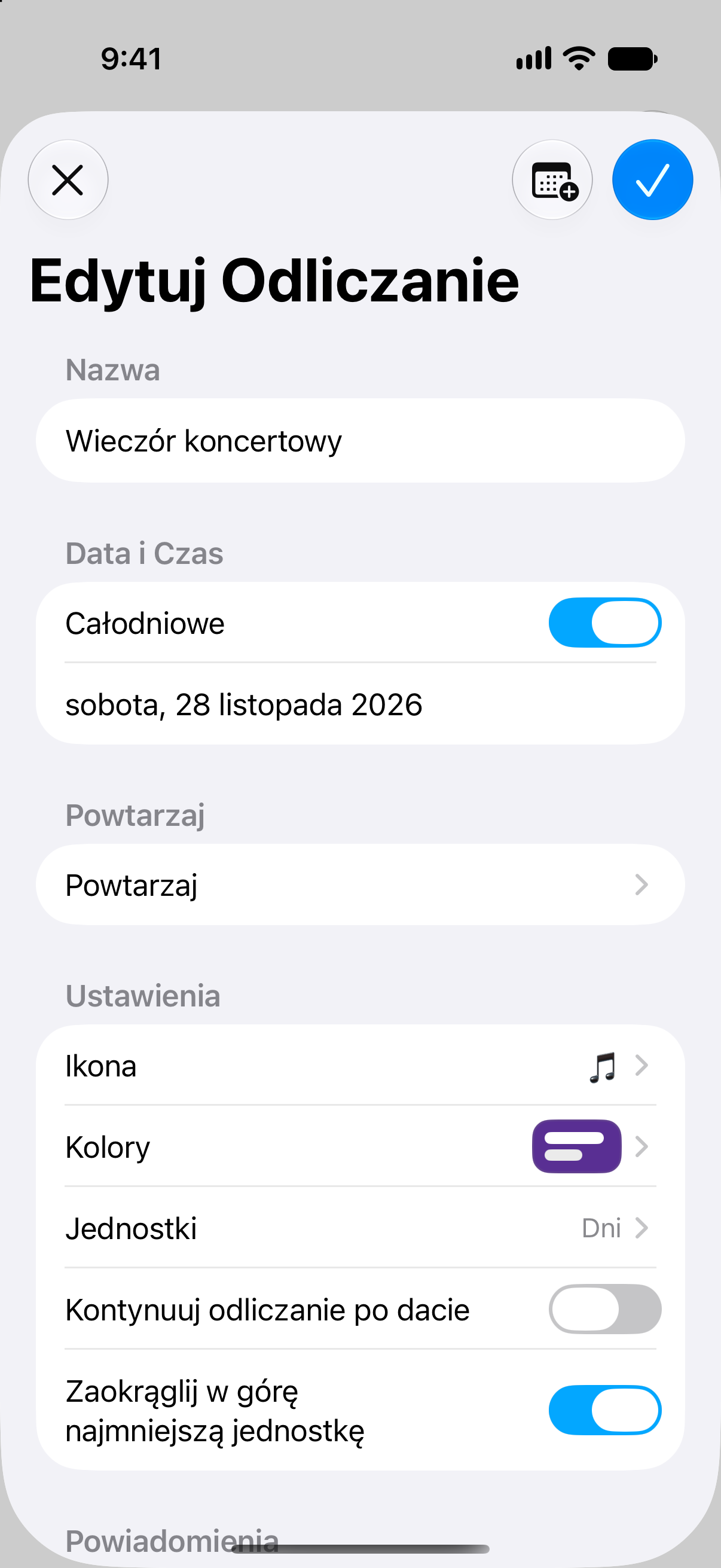Edytor wydarzenia w aplikacji Odliczanie z datą i opcjami dostosowania odliczania.