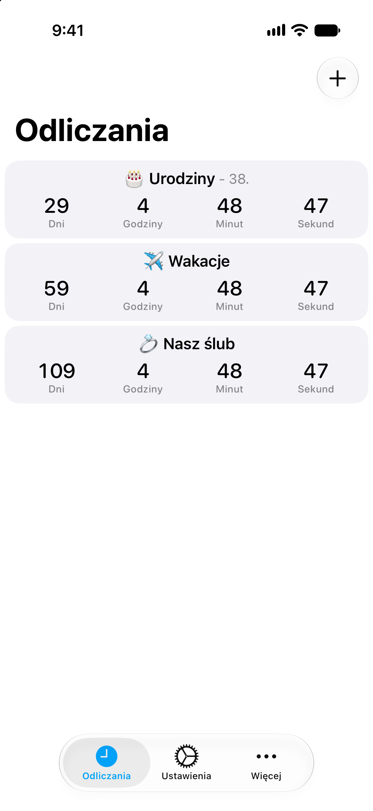 Szczegółowa lista odliczania w aplikacji Odliczanie pokazująca czas pozostały do nadchodzących wydarzeń.
