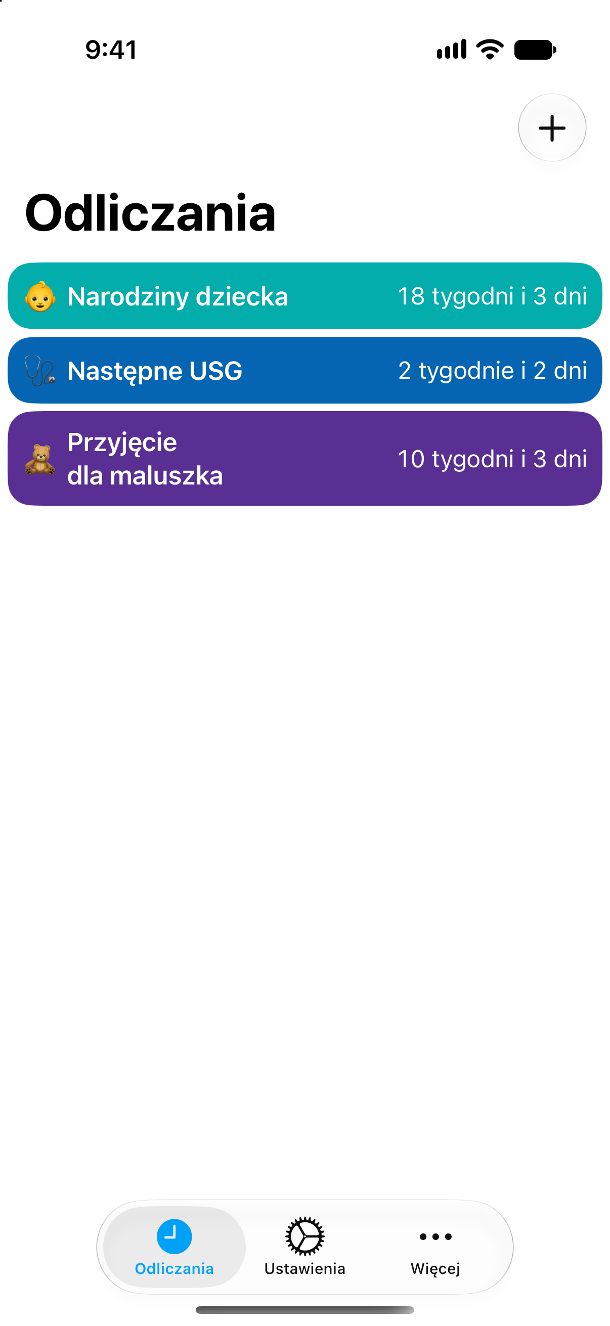 Odliczanie ciąży w aplikacji Odliczanie pokazujące tygodnie i dni do narodzin dziecka.