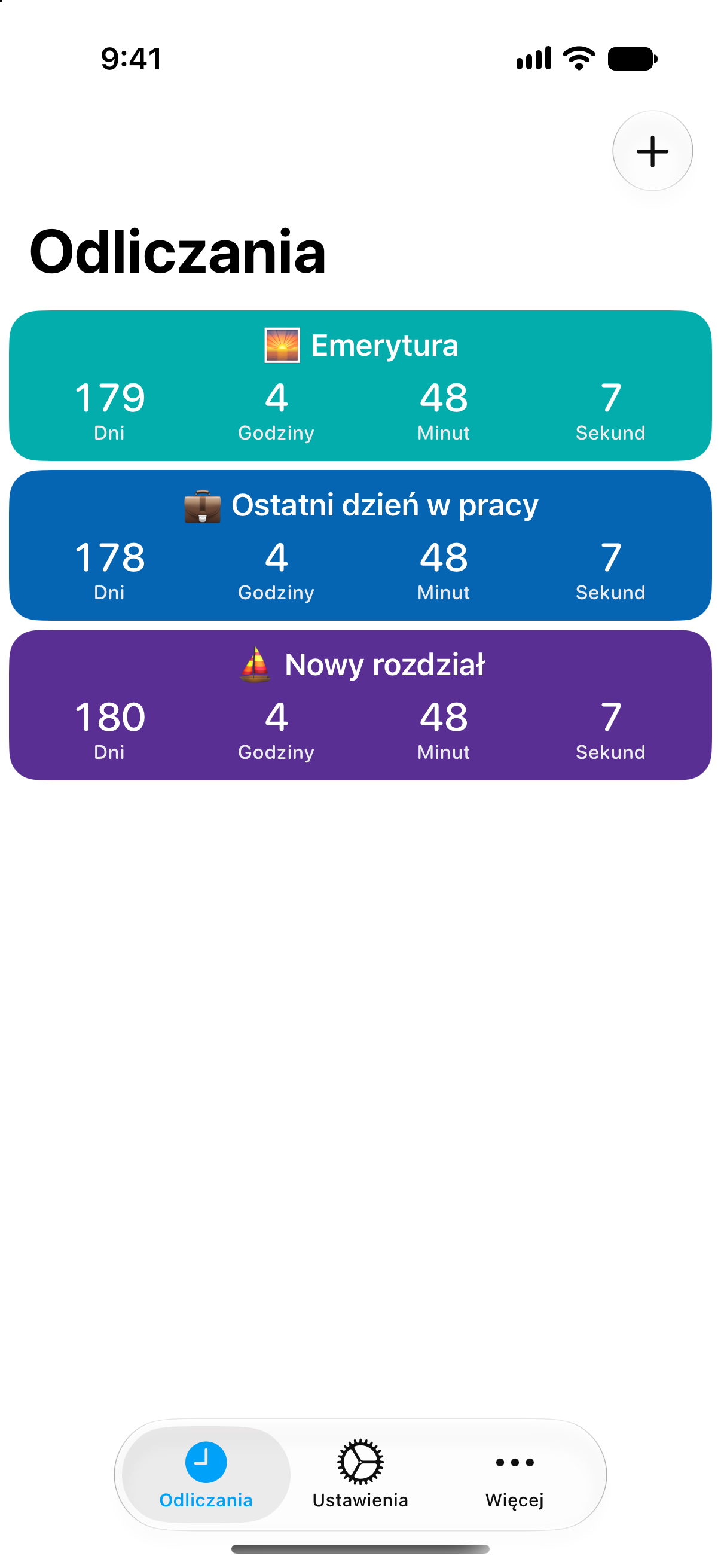 Szczegółowe odliczania do emerytury i ostatniego dnia w pracy w aplikacji Odliczanie.