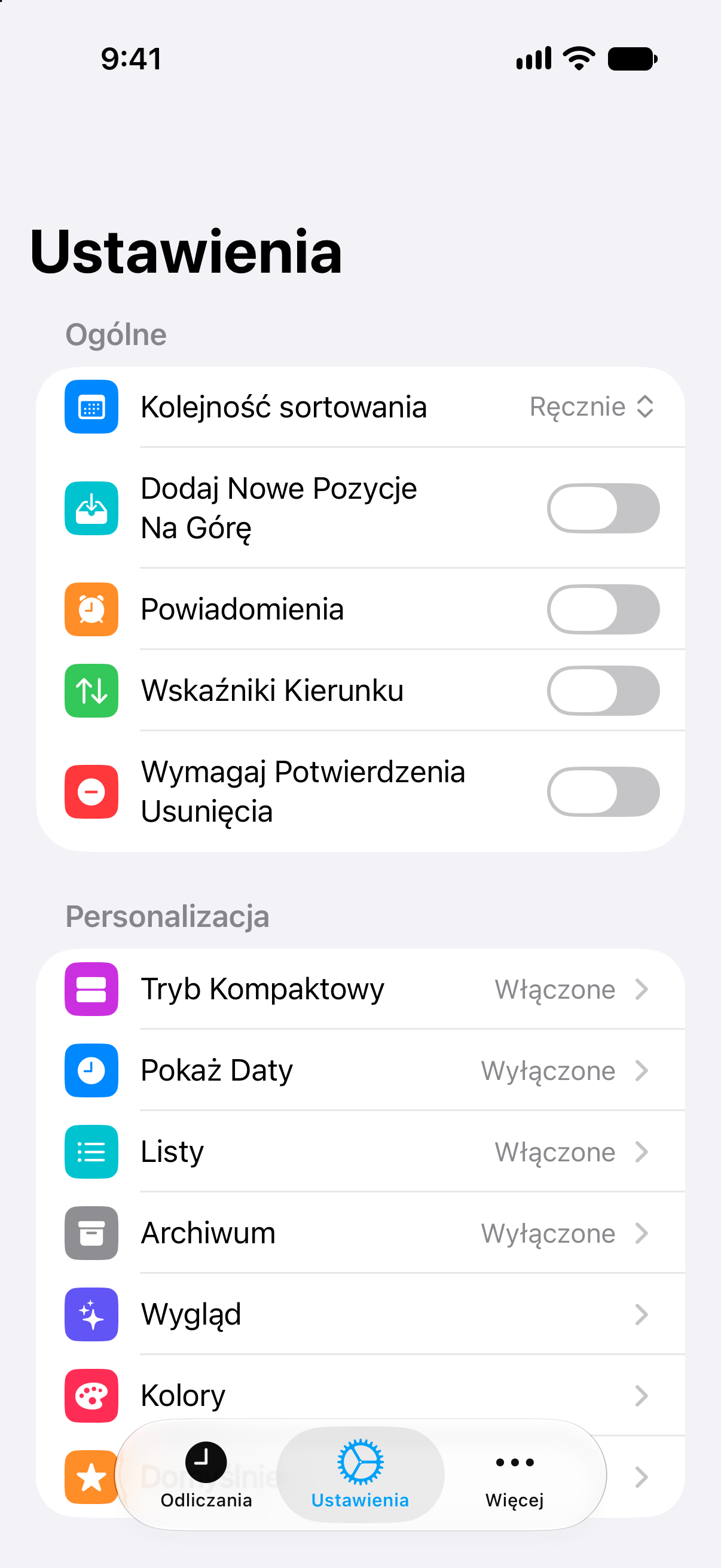 Ustawienia aplikacji Odliczanie pokazujące dożywotni dostęp do Pro.