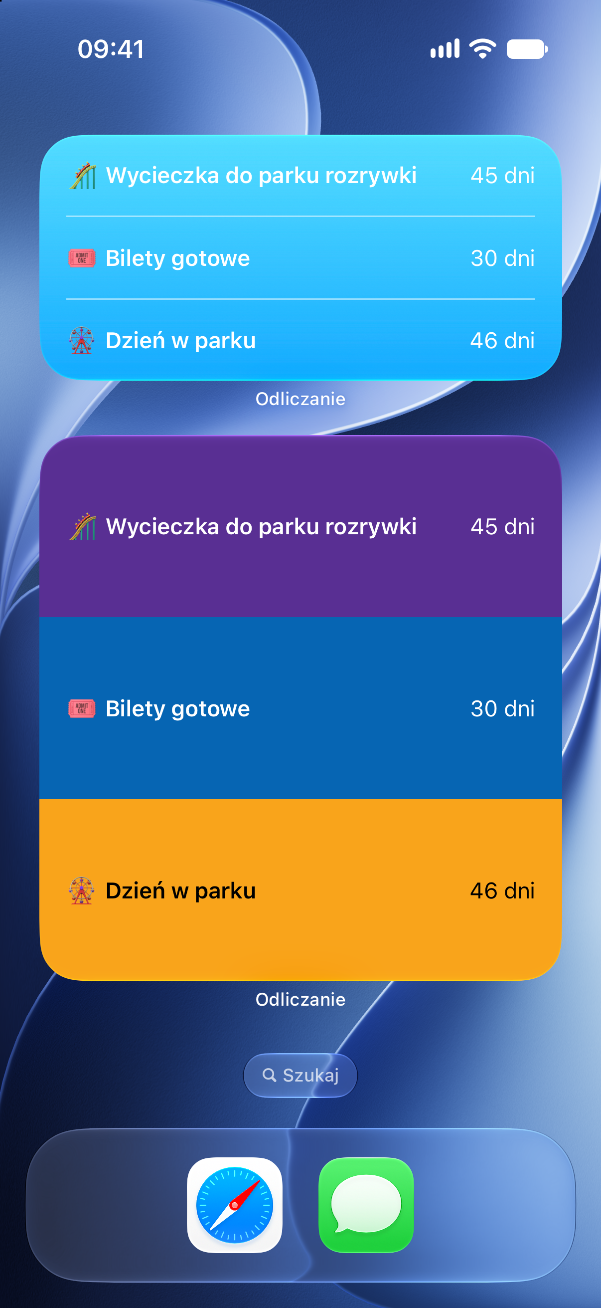 Widżety aplikacji Odliczanie na ekranie początkowym iPhone’a odliczające czas do wycieczki do parku rozrywki.