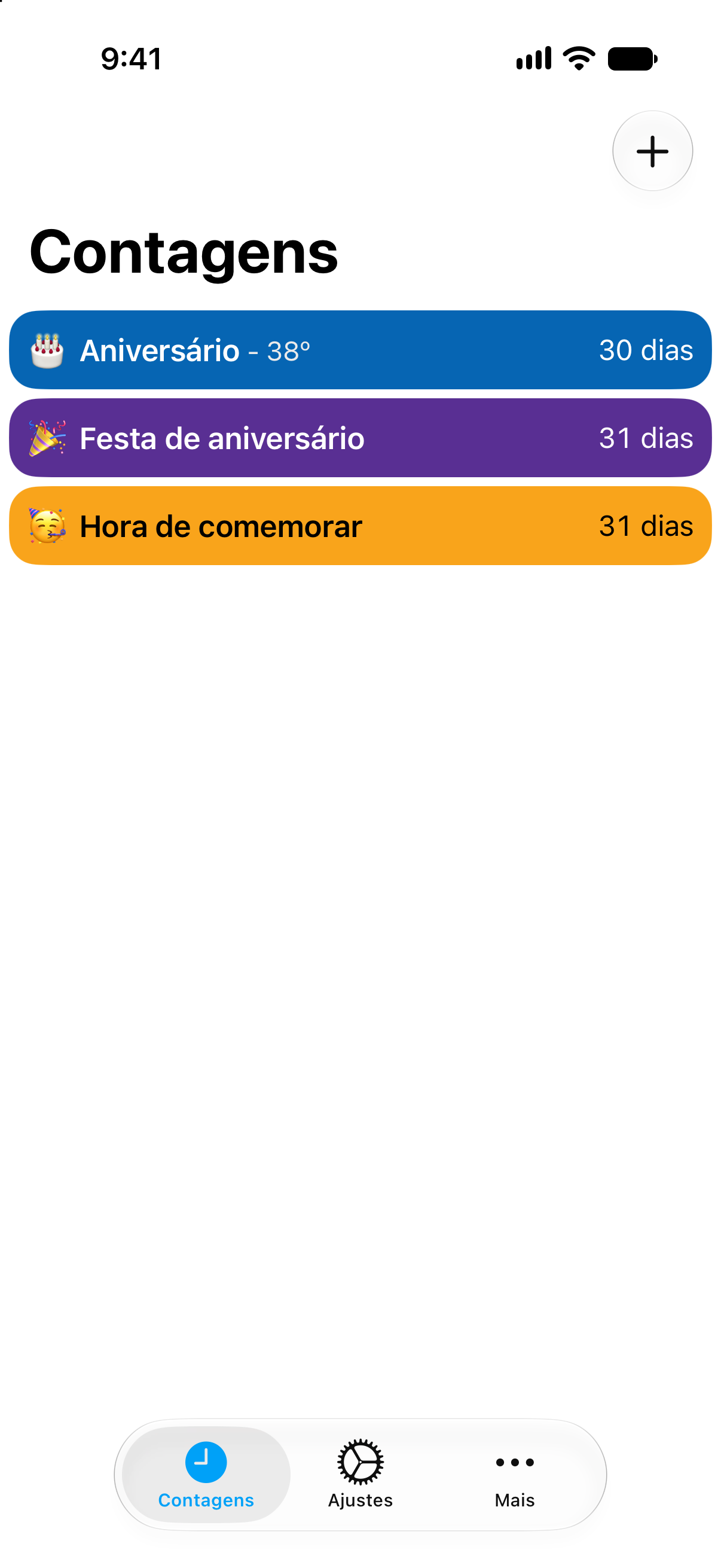 Contagens regressivas coloridas para um aniversário e sua festa no app Contagens.