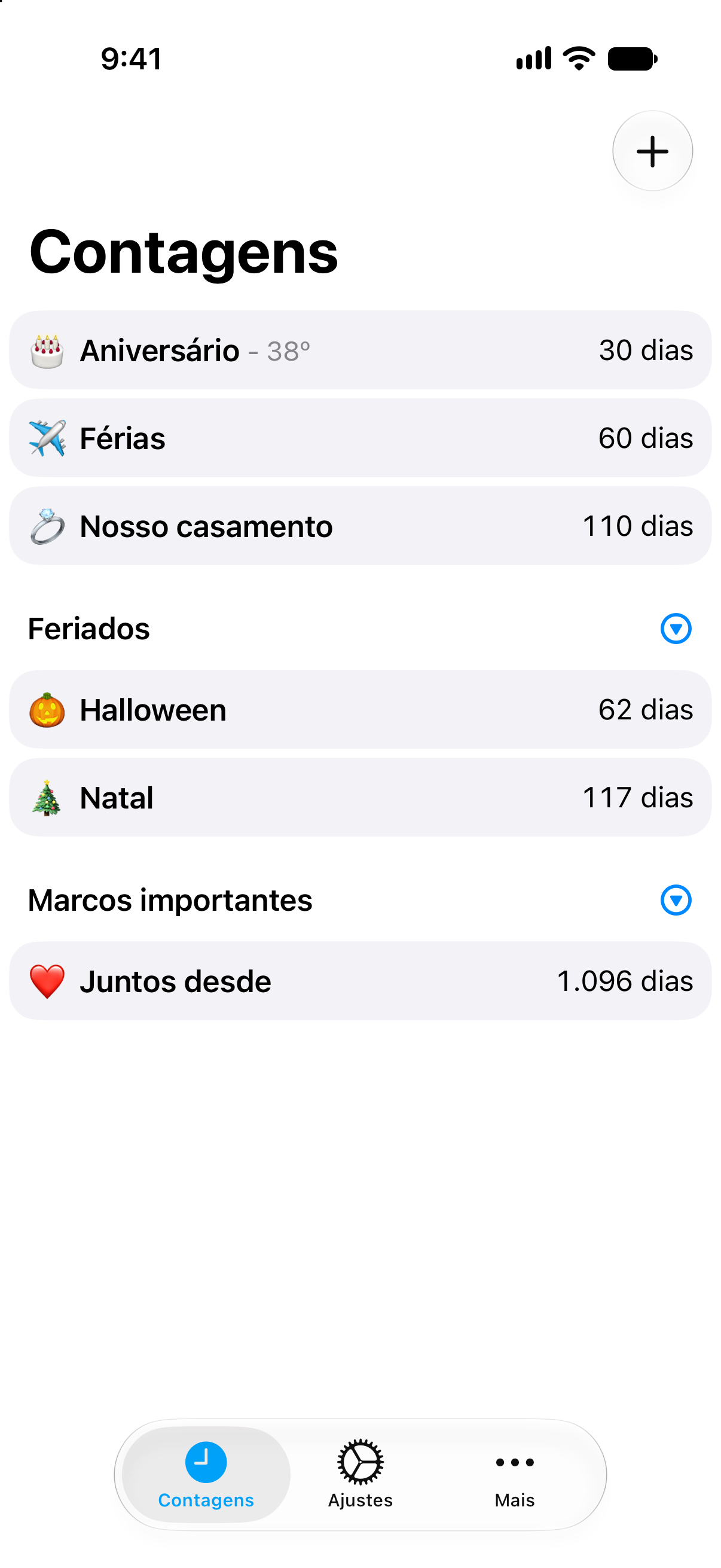 Lista compacta de contagens regressivas no app Contagens com vários eventos visíveis de uma só vez.