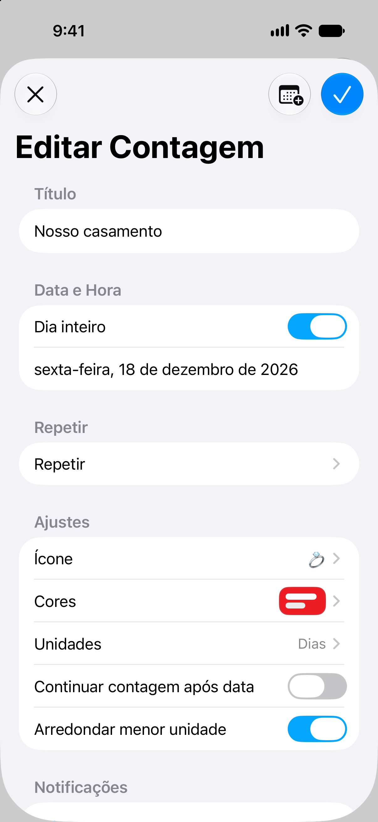 Editor de contagem regressiva no app Contagens com o nome, a data e as opções de personalização do evento.