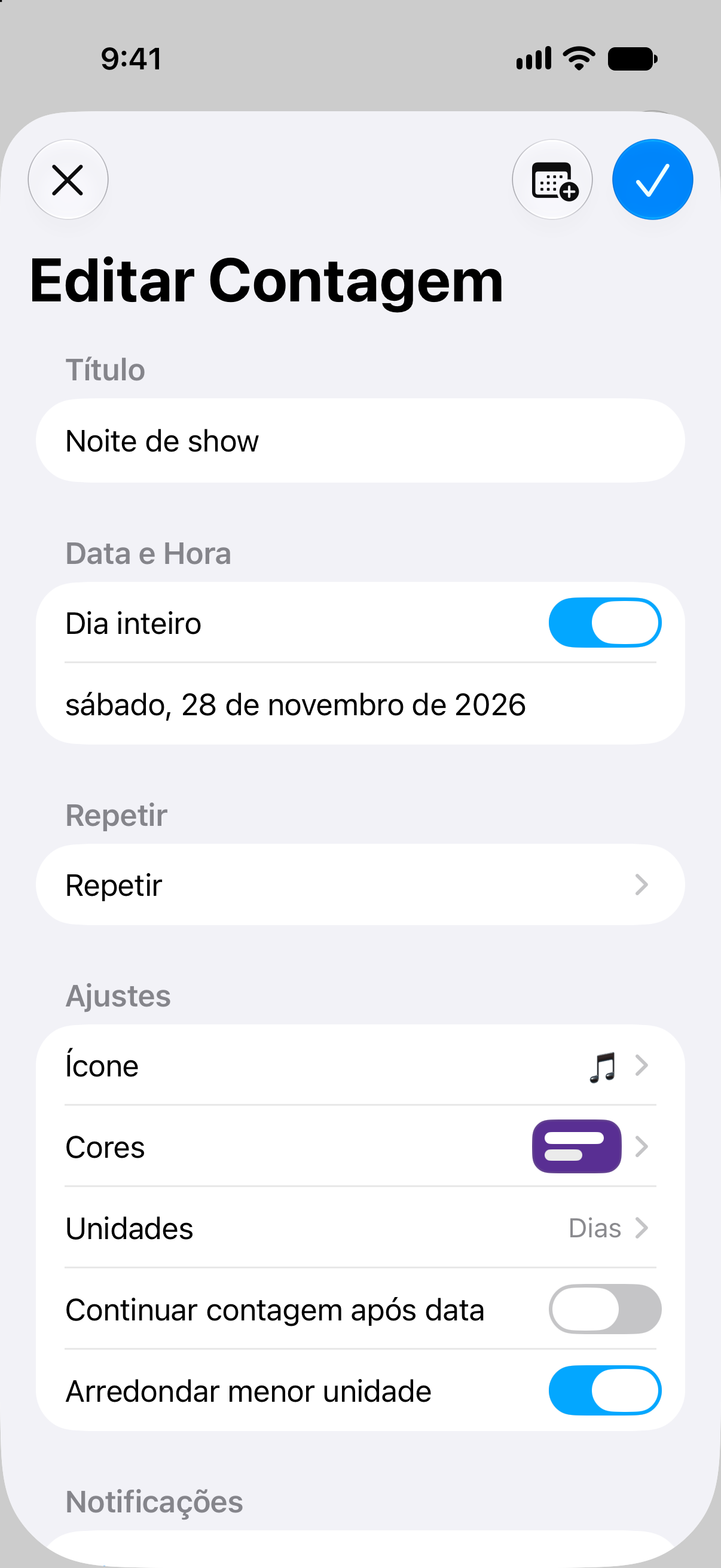 Editor de eventos no app Contagens com opções de data e personalização da contagem regressiva.