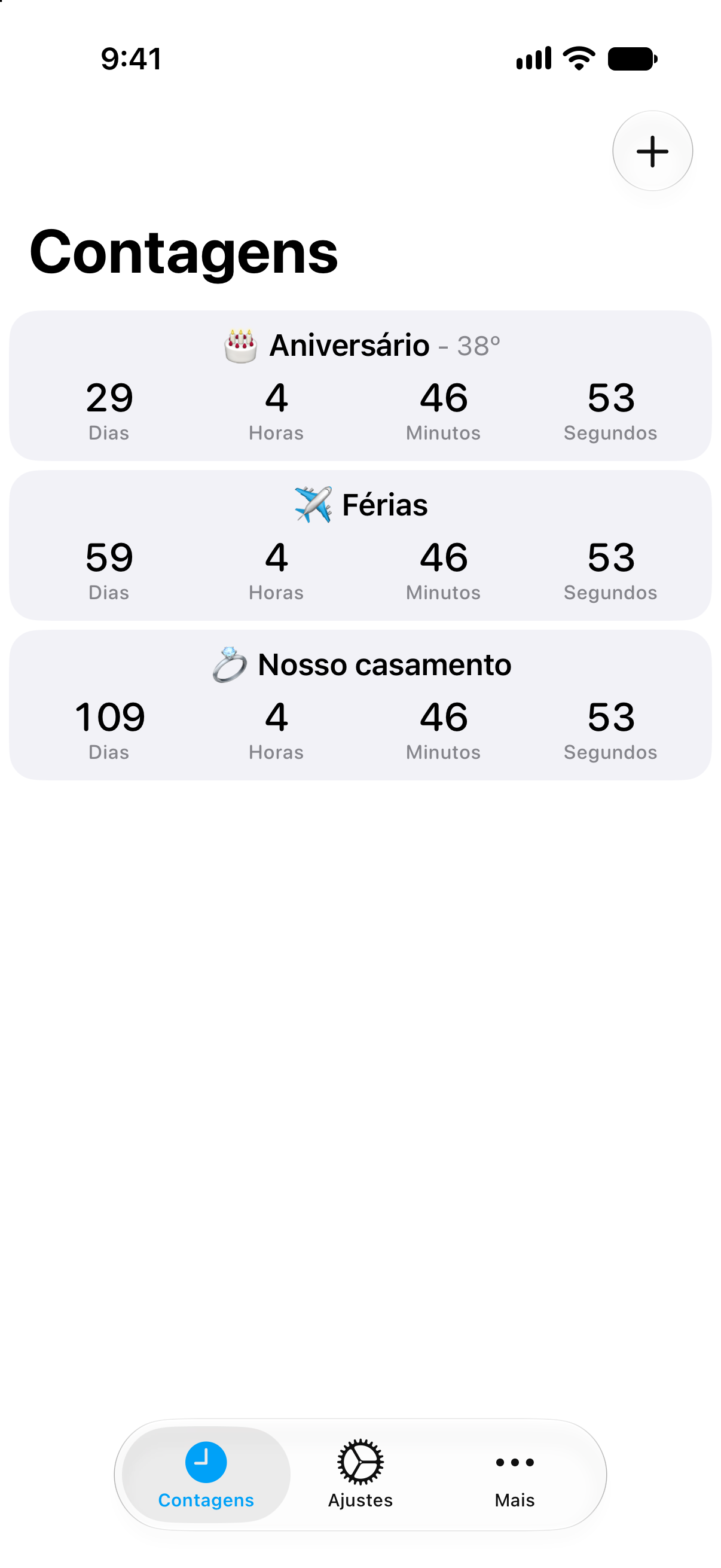 Lista detalhada de contagens regressivas no app Contagens com o tempo que falta para os próximos eventos.