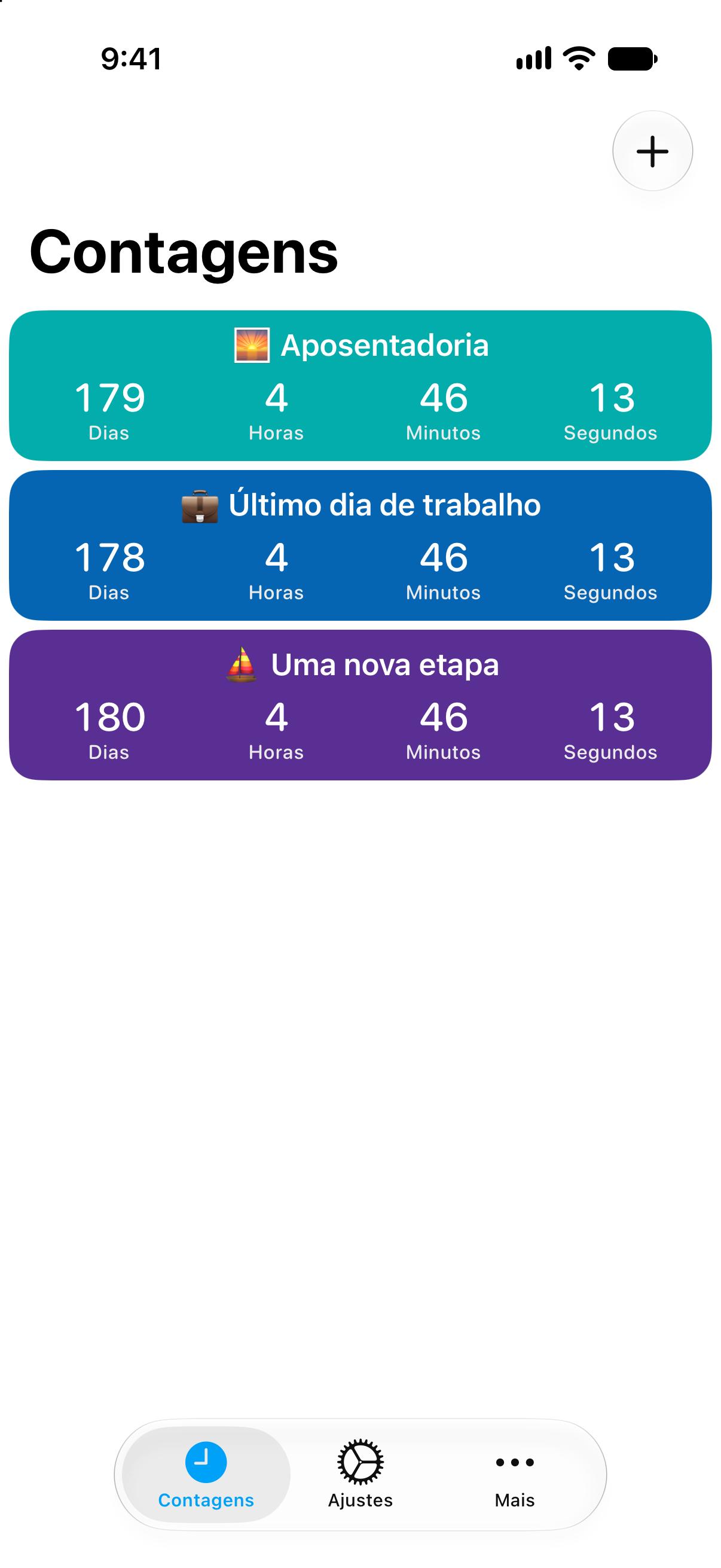 Contagens regressivas detalhadas para a aposentadoria e o último dia de trabalho no app Contagens.