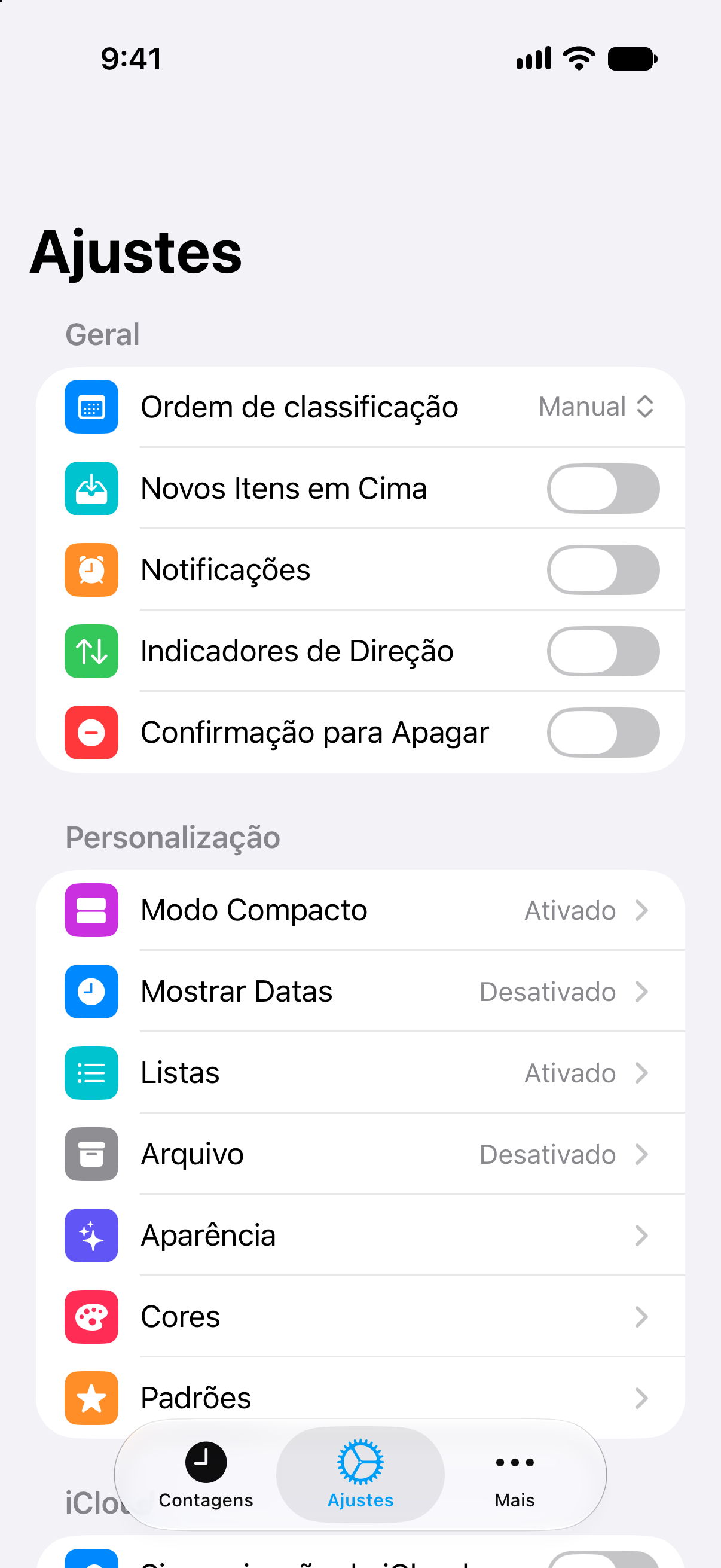 Ajustes do app Contagens com acesso vitalício ao Pro.