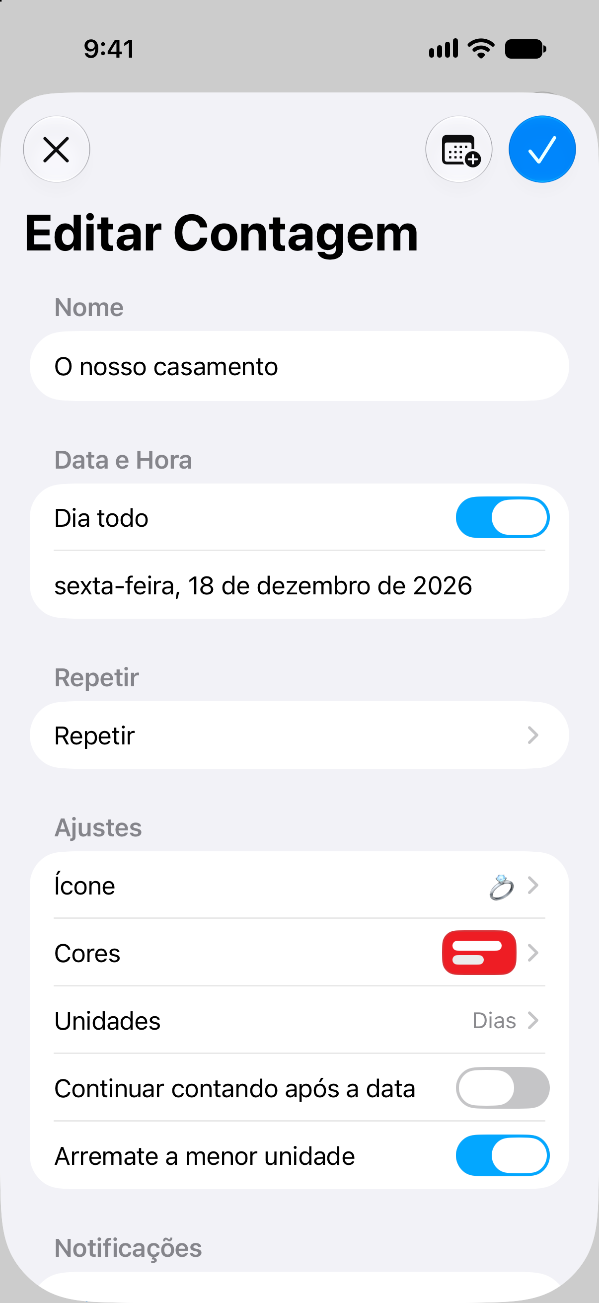 Editor de contagem decrescente na aplicação Contagem com o nome, a data e as opções de personalização do evento.