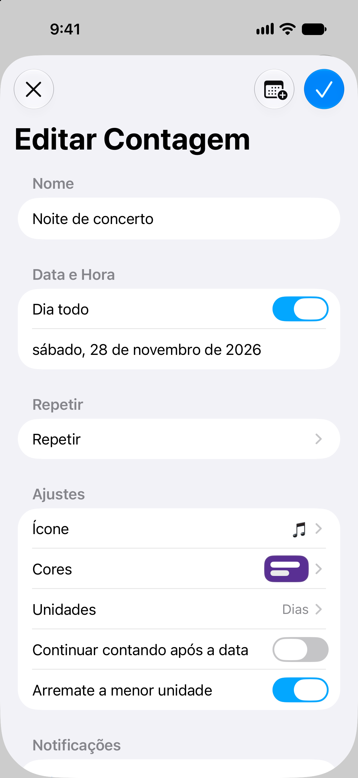 Editor de eventos na aplicação Contagem com opções de data e personalização da contagem decrescente.