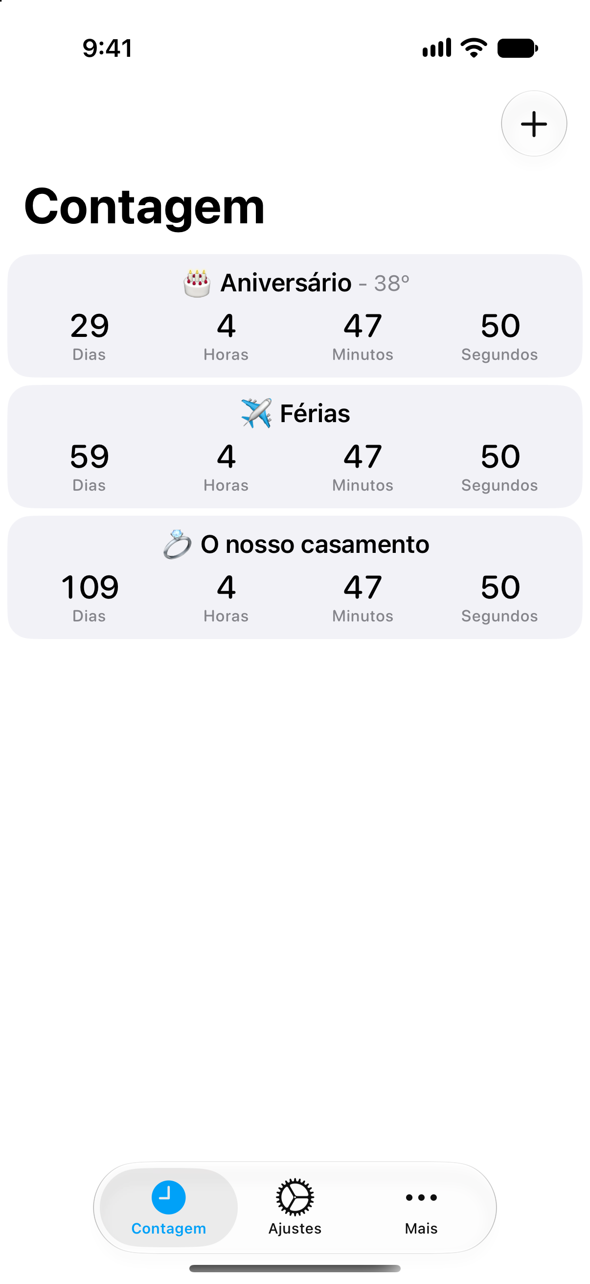 Lista detalhada de contagens decrescentes na aplicação Contagem com o tempo que falta para os próximos eventos.