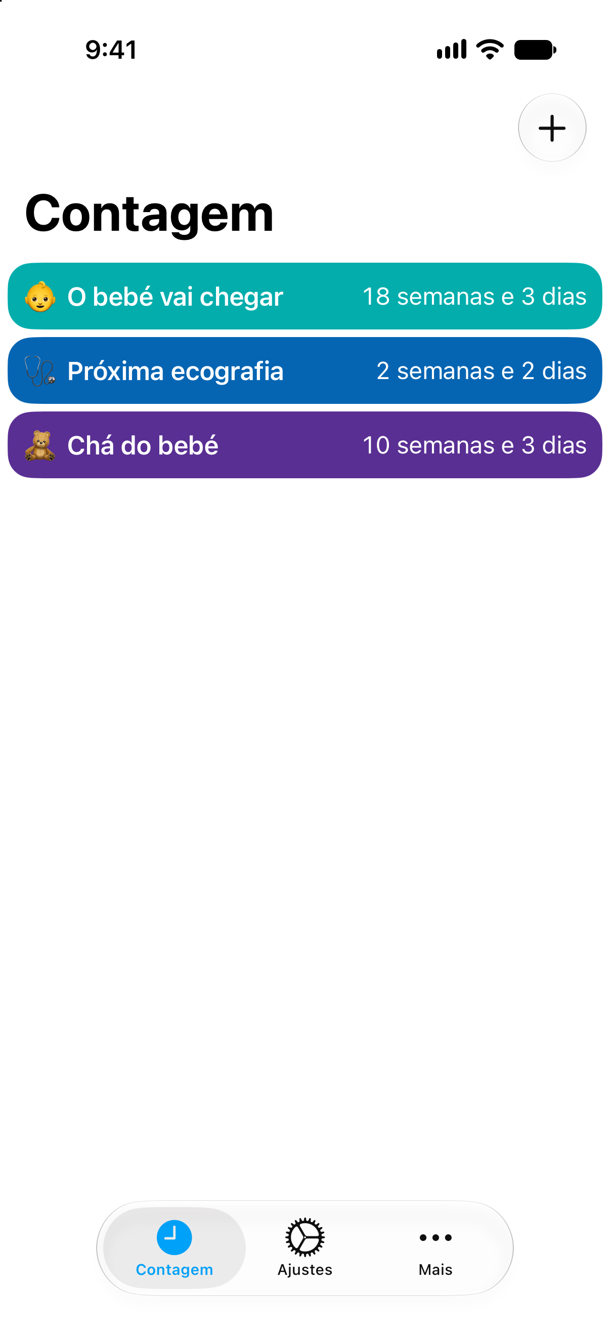Contagens decrescentes da gravidez na aplicação Contagem com as semanas e os dias que faltam para a chegada do bebé.