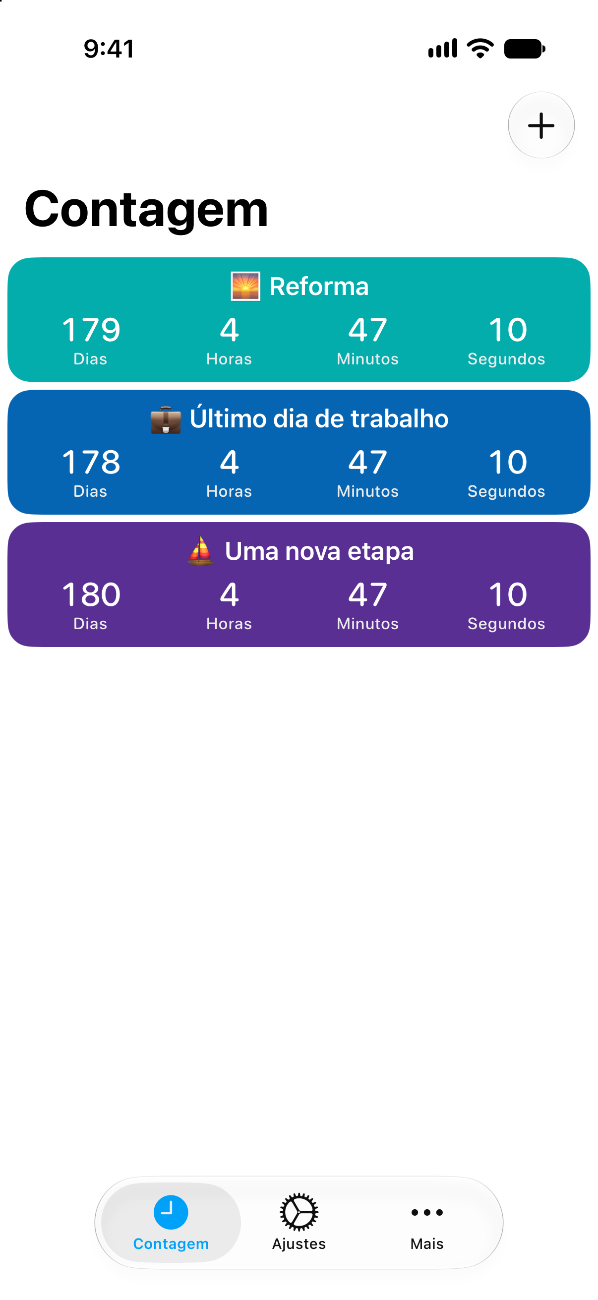 Contagens decrescentes detalhadas para a reforma e o último dia de trabalho na aplicação Contagem.