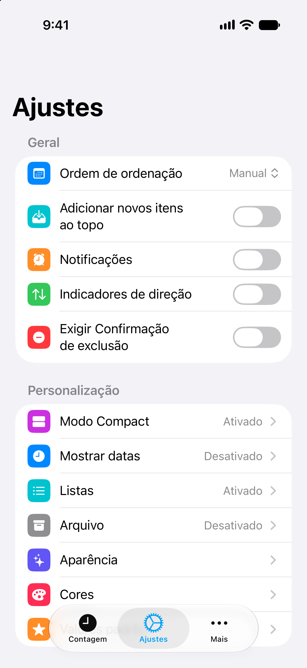 Definições da aplicação Contagem com acesso vitalício ao Pro.