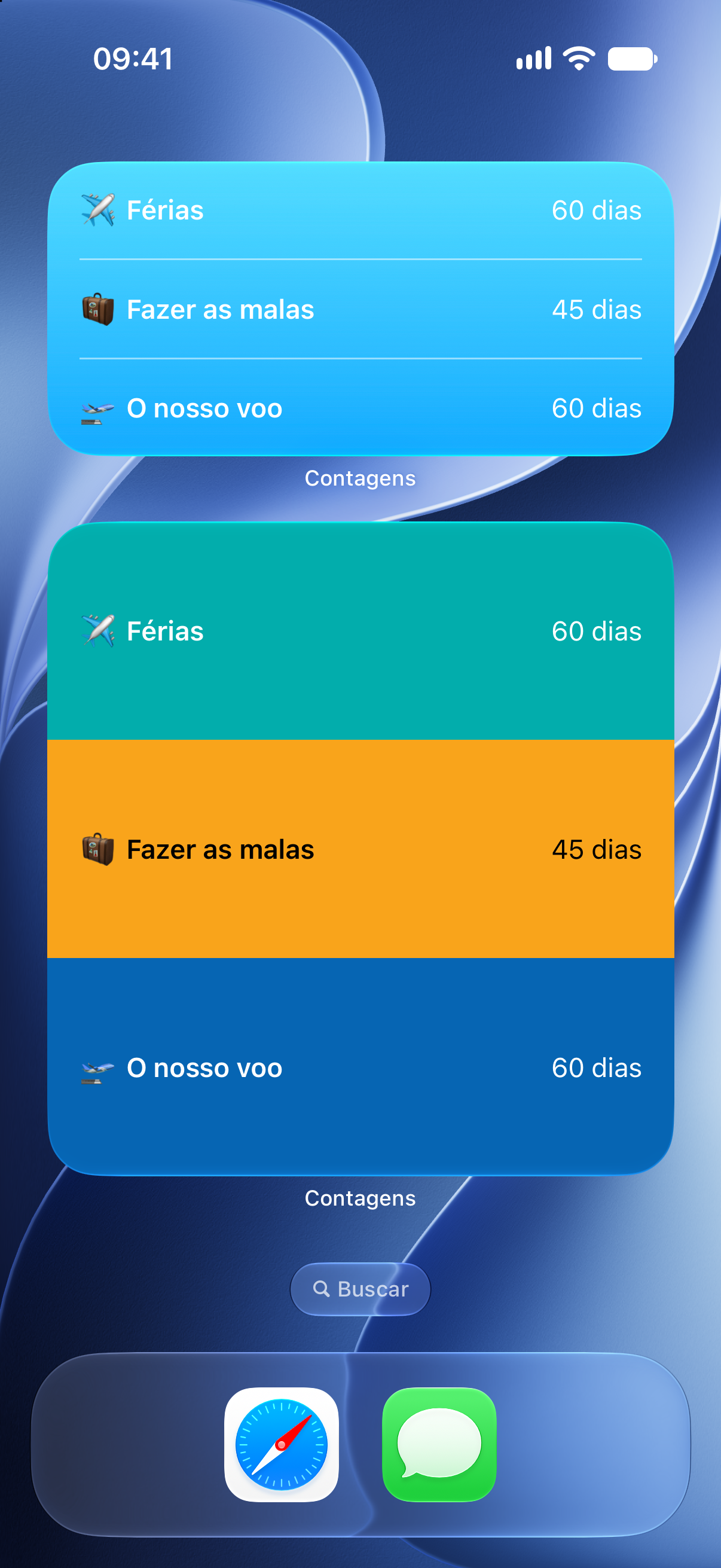 Widgets da aplicação Contagem no ecrã principal do iPhone com contagens decrescentes para as férias e o voo.