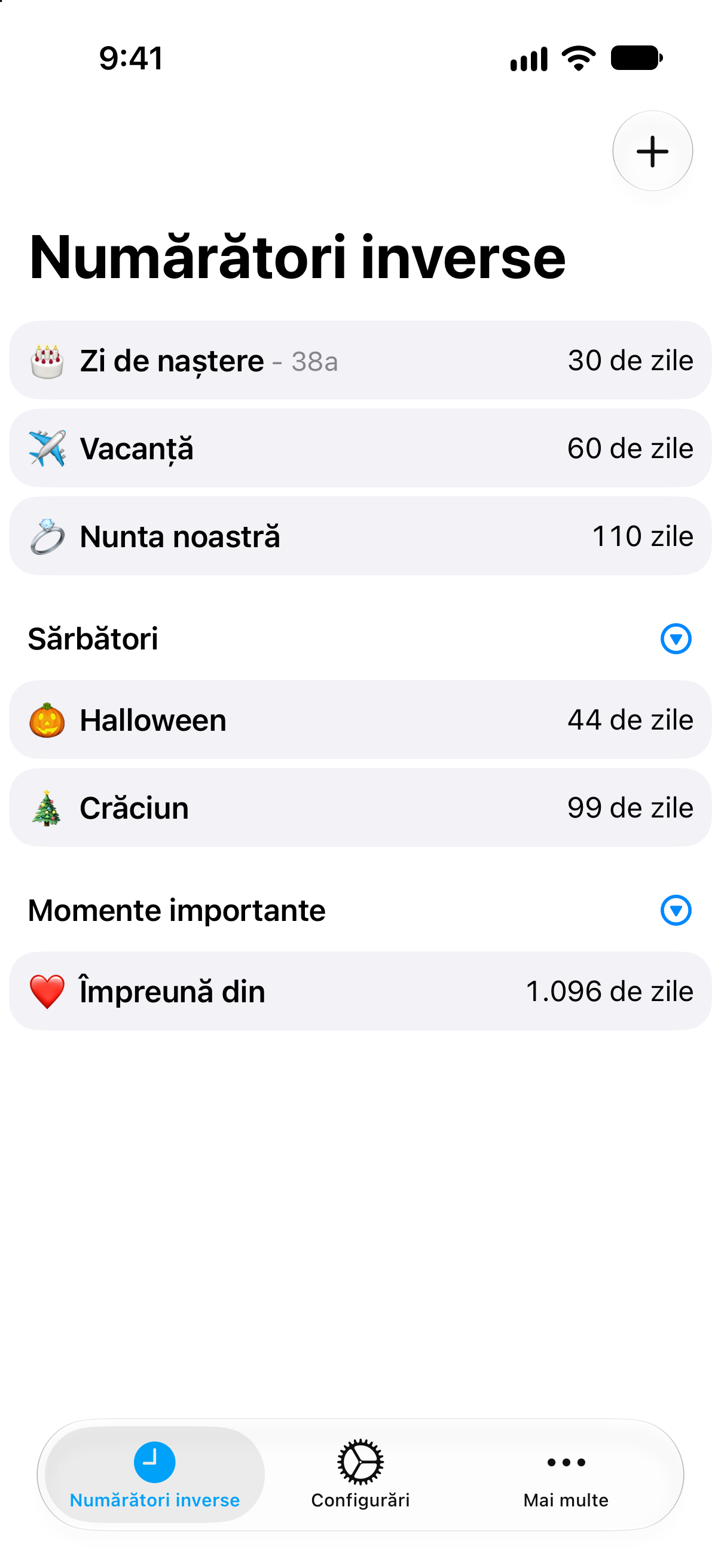 Numărători inverse — Listă compactă cu mai multe evenimente.