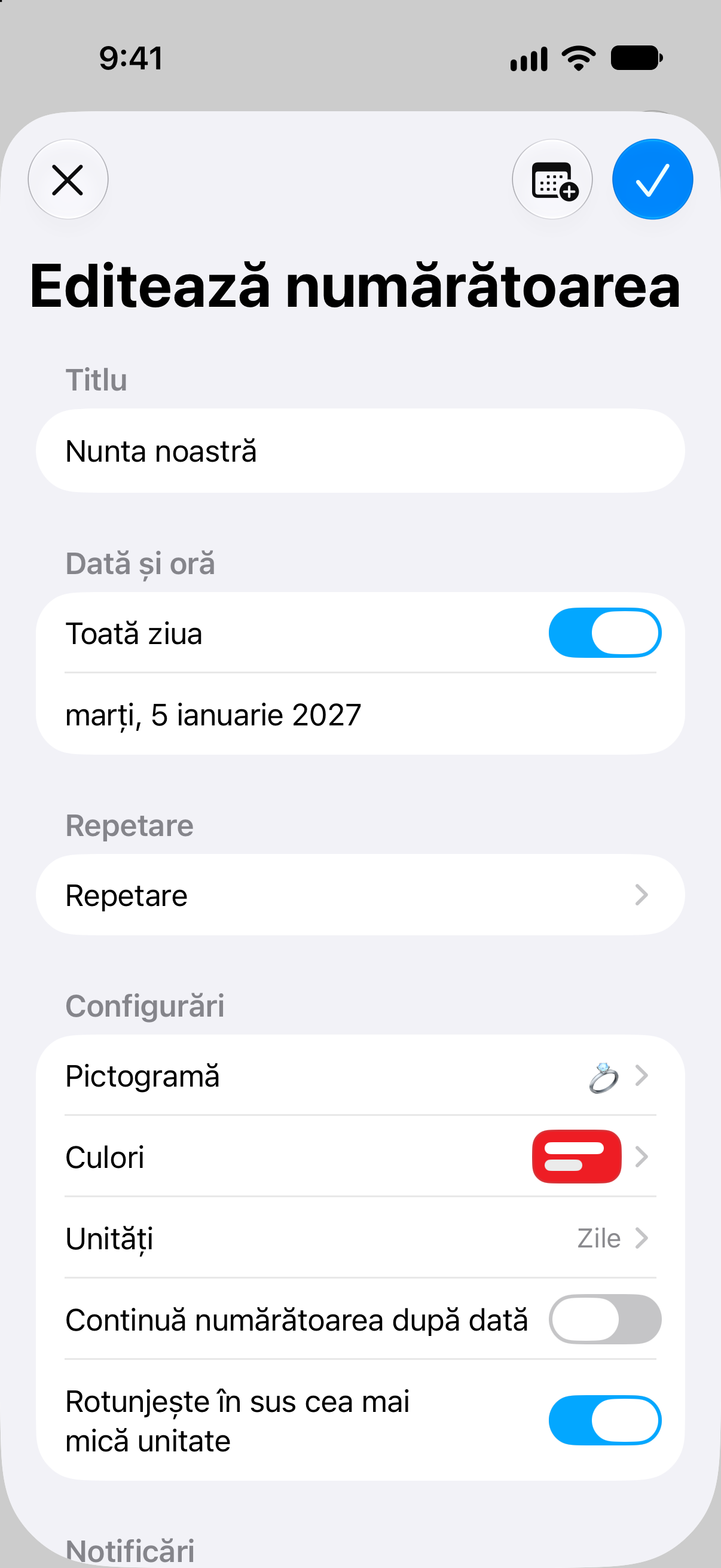 Numărători inverse — Editarea numelui, datei și opțiunilor numărătorii inverse.