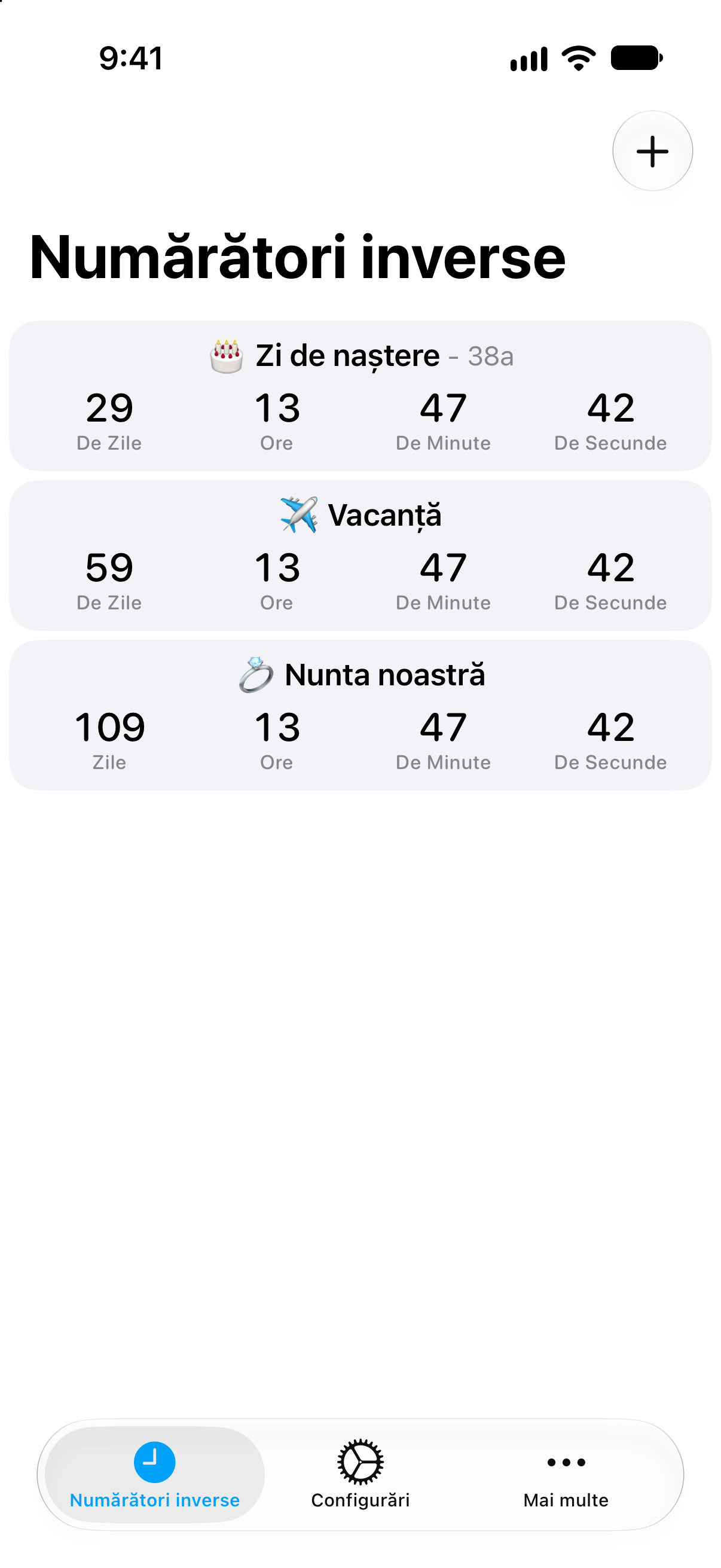 Numărători inverse — Listă detaliată de numărători inverse cu timpul rămas.