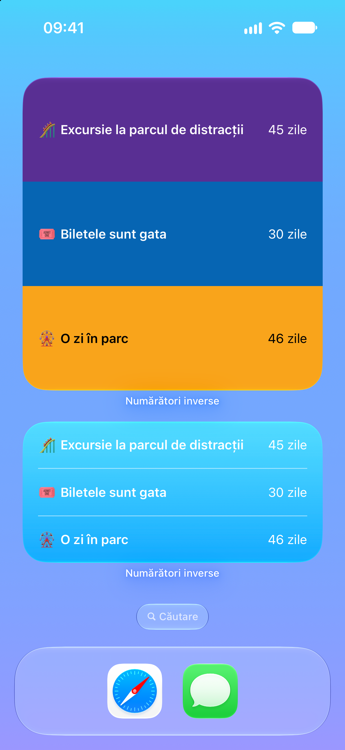 Numărători inverse — Numărătoare inversă până la excursia în parcul tematic. Widgeturi pe ecranul principal cu evenimente viitoare.