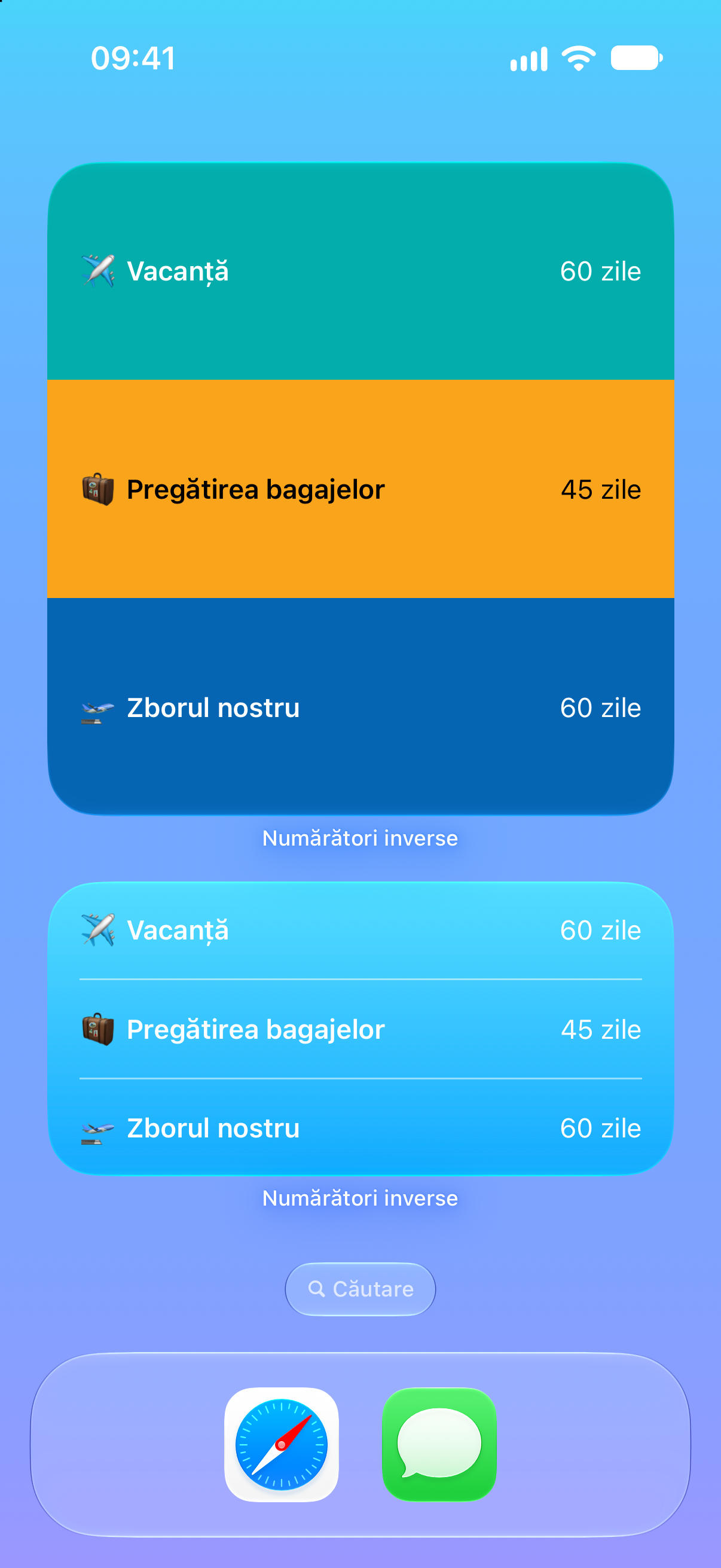 Numărători inverse — Numărătoare inversă până la vacanță. Widgeturi pe ecranul principal cu evenimente viitoare.