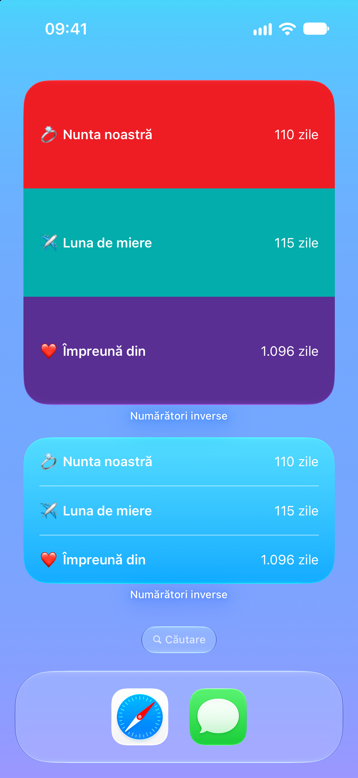 Numărători inverse — Numărătoare inversă până la nuntă. Widgeturi pe ecranul principal cu evenimente viitoare.