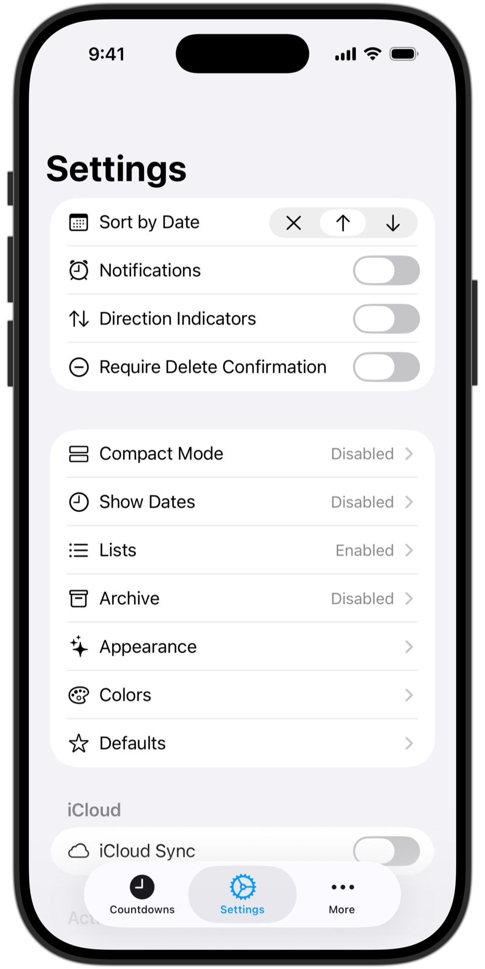 Countdowns settings screen